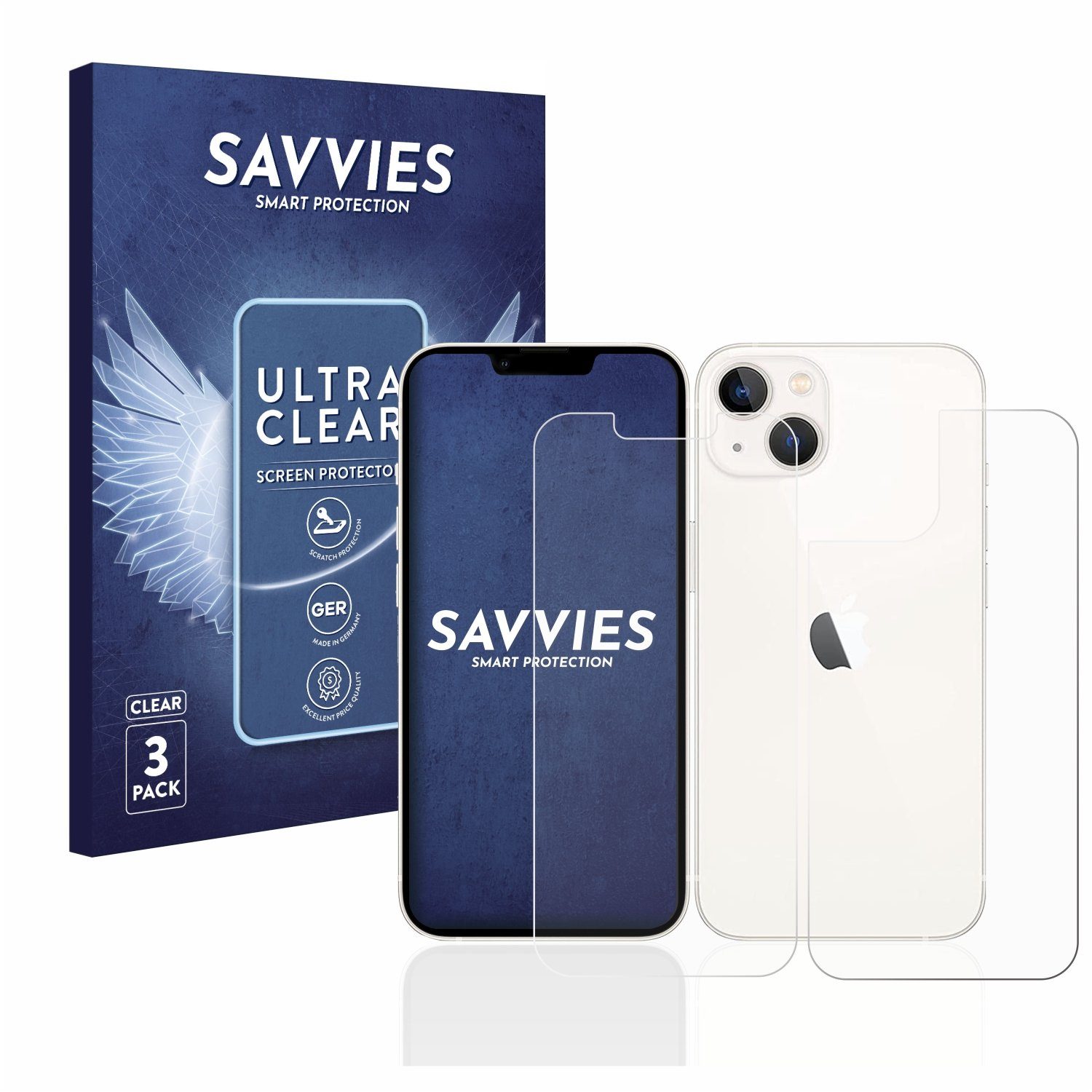 Savvies Displayschutzfolie Schutzfolie für Apple iPhone 13 (Display+Rückseite), 6 Stück, Displayschutz Schutz Folie Klar Transparent