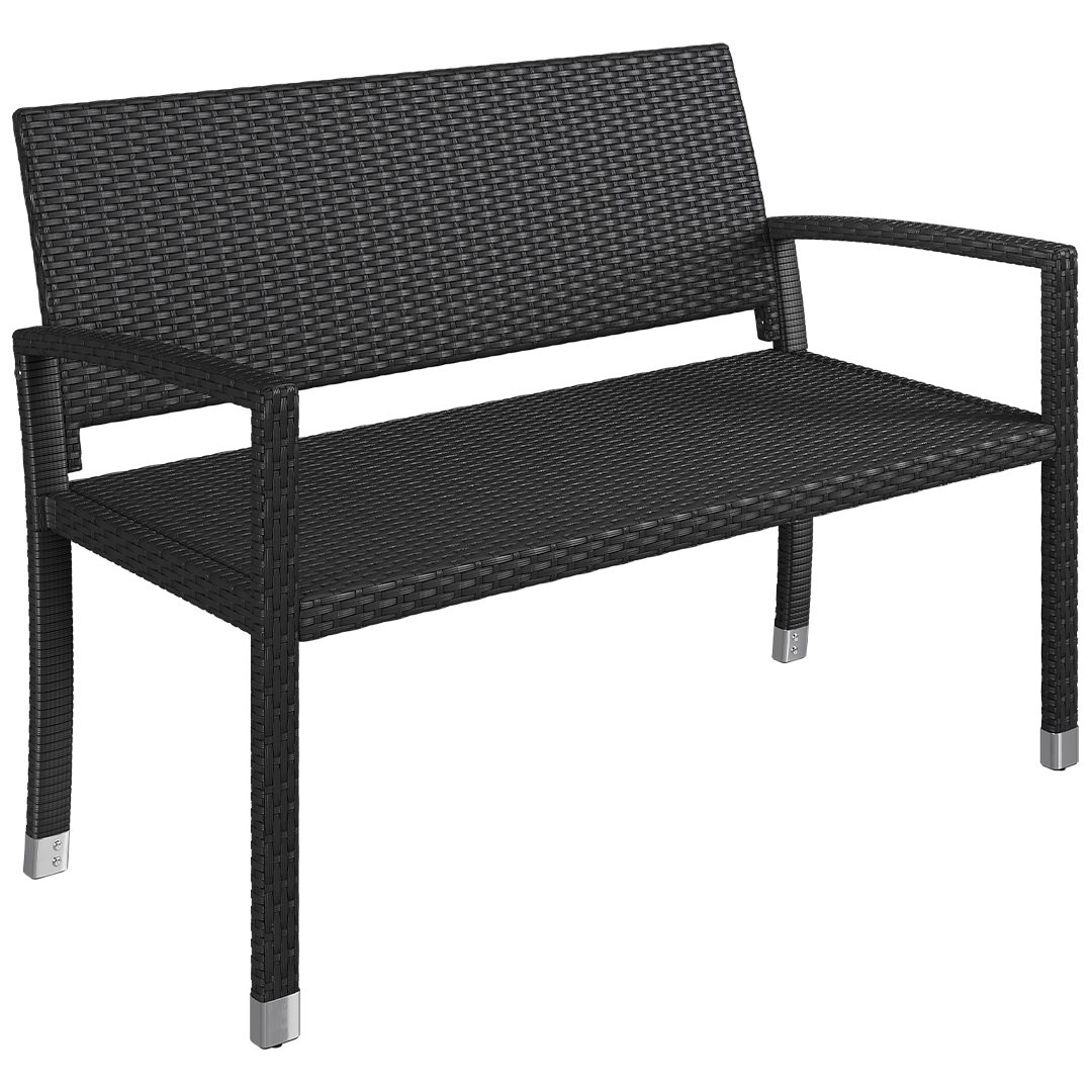 STEELSØN Gartenbank Mirador handgeflochtene Polyrattan Bank (2-Sitzer, schwarz), wetterfest & UV-beständig, ergonomische Outdoor-Bank, 120 cm Breite