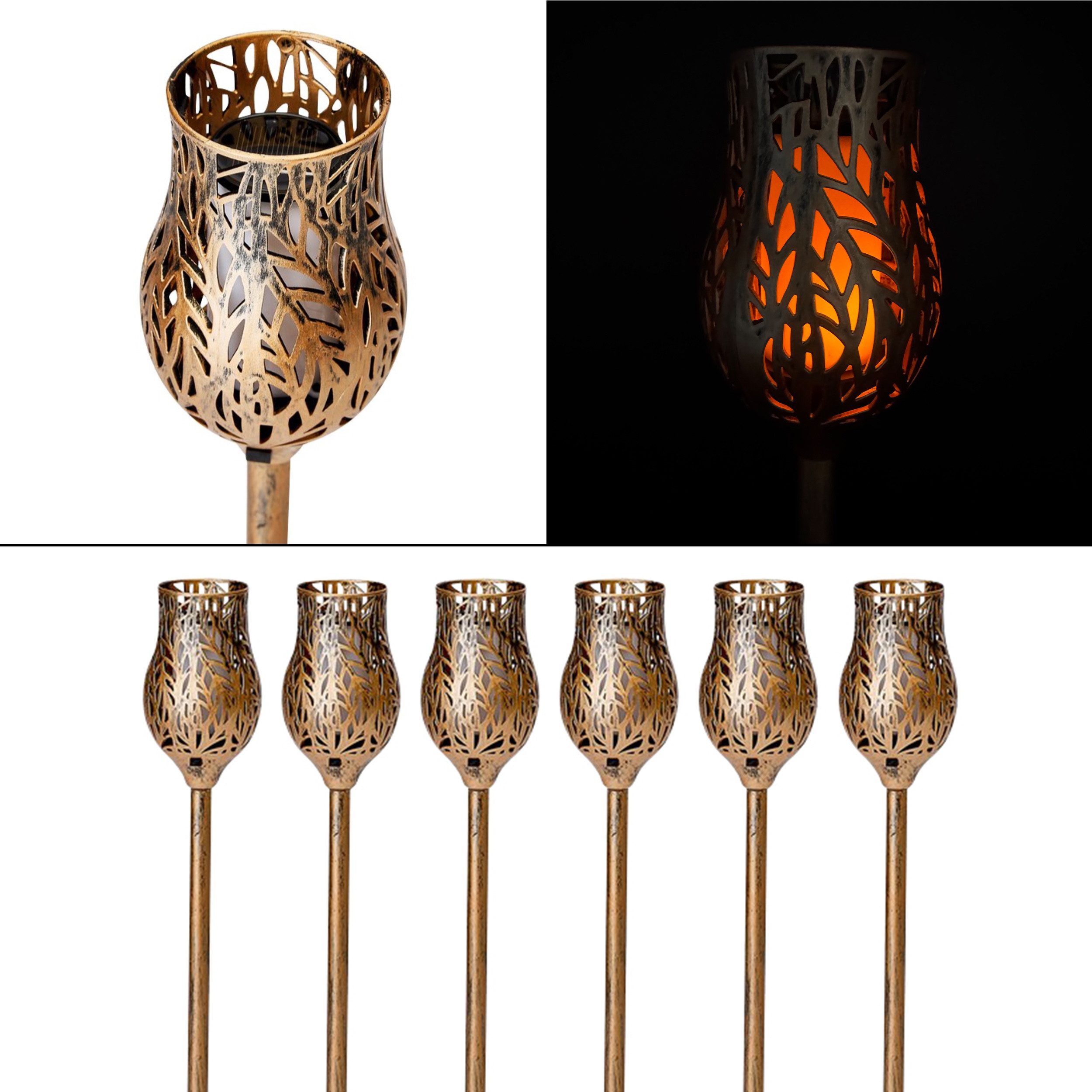 Online-Fuchs LED Solarleuchte für draußen - 6 Fackeln mit Flamme - Solar Lampen als Gartendeko, realistischer Flammeneffekt, gelb/oranger Feuereffekt, aus Kunststoff gefertigt und in Vintage Optik gehalten