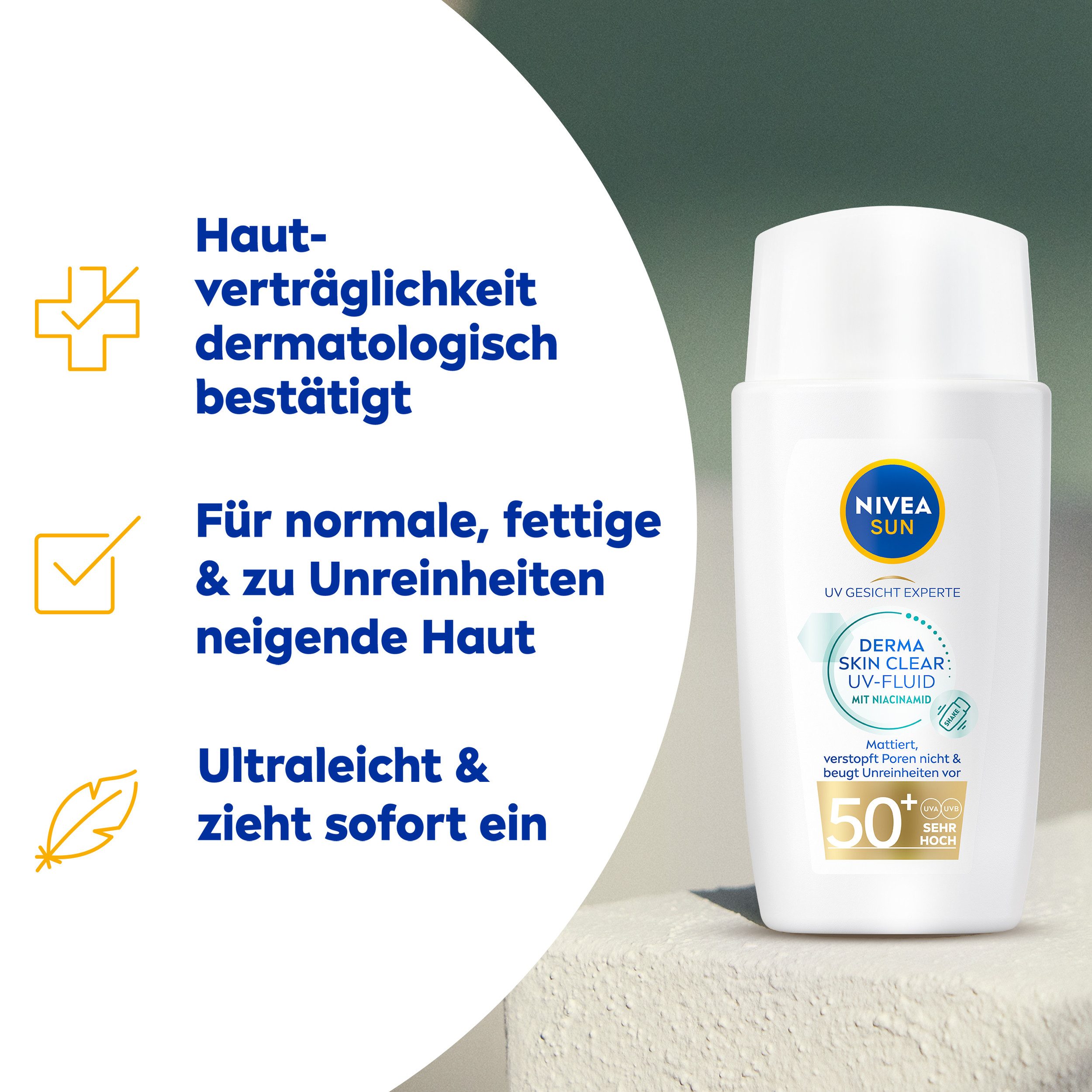 Nivea Sun Sonnenschutzfluid NIVEA SUN UV Gesicht Experte DERMA SKIN CLEAR UV-Fluid LSF 50+, Für empfindliche Haut, nicht fettend, 8-stündiger Mattierungseffekt.