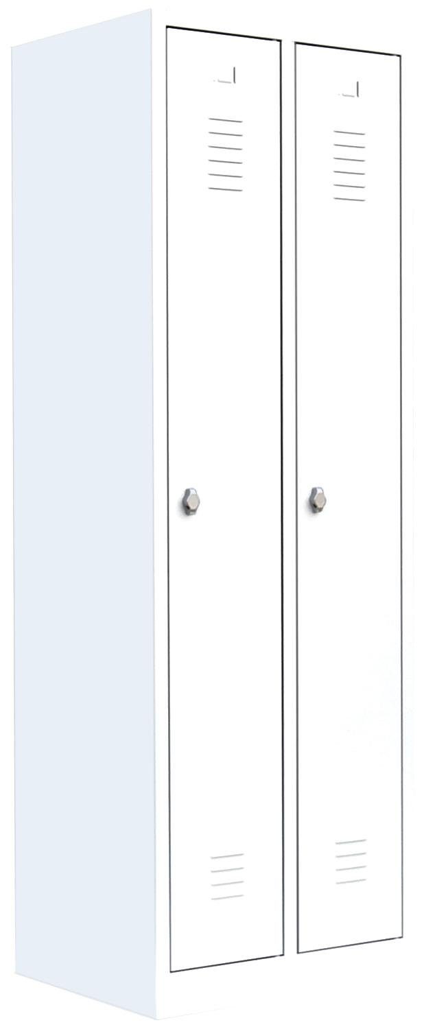 | Komplett Weiß 9003 Türen: x Garderobenschrank, 2 Steelboxx RAL Montage und RAL x Spind Lüllmann® 800 Signalweiß/ 9003 (1-St) erforderlich verschweißt S/W-Trennung, montiert Korpus: keine 1800 Signalweiß Abteile,