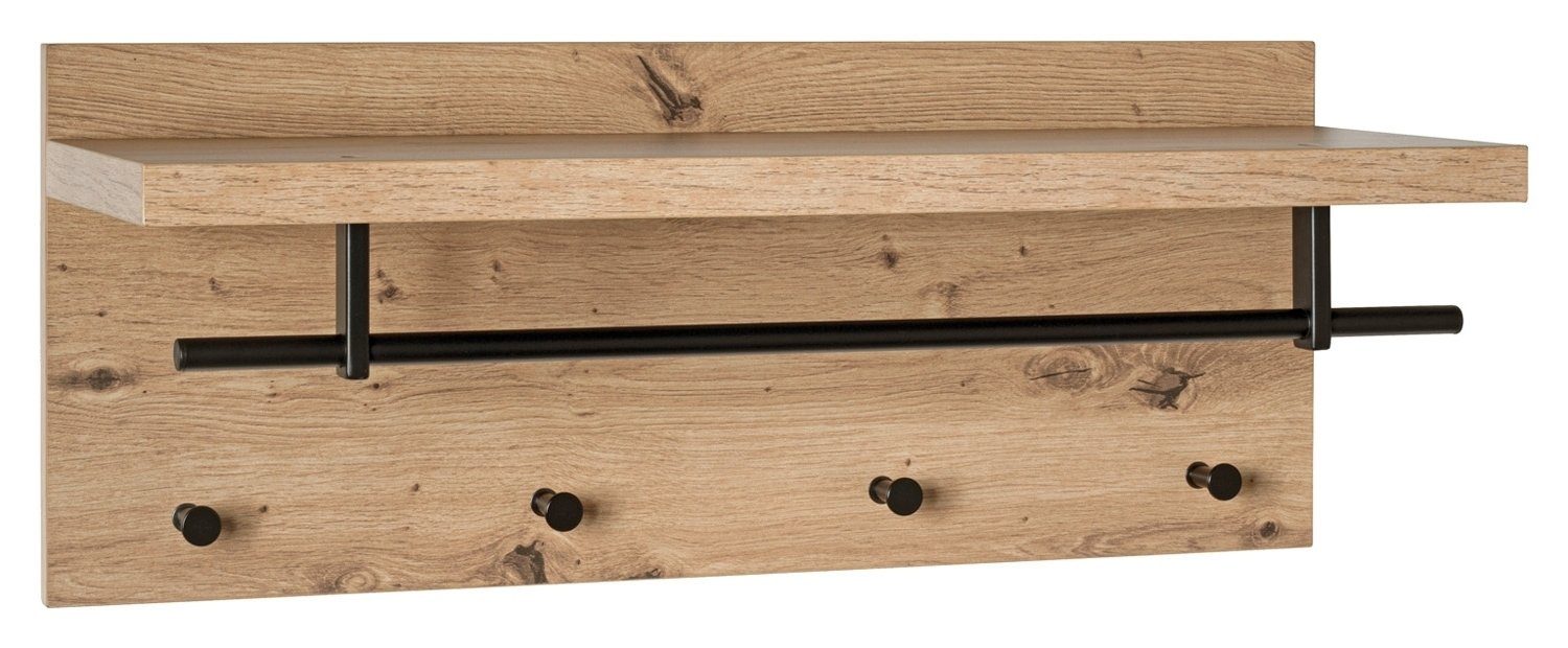 HAKU Wandgarderobe PARMA, Artisan Eiche Dekor, Schwarz, Metall, mit 4 Haken, 1 Kleiderstange und 1 Hutablage, BxHxT 75 x 30 x 25 cm