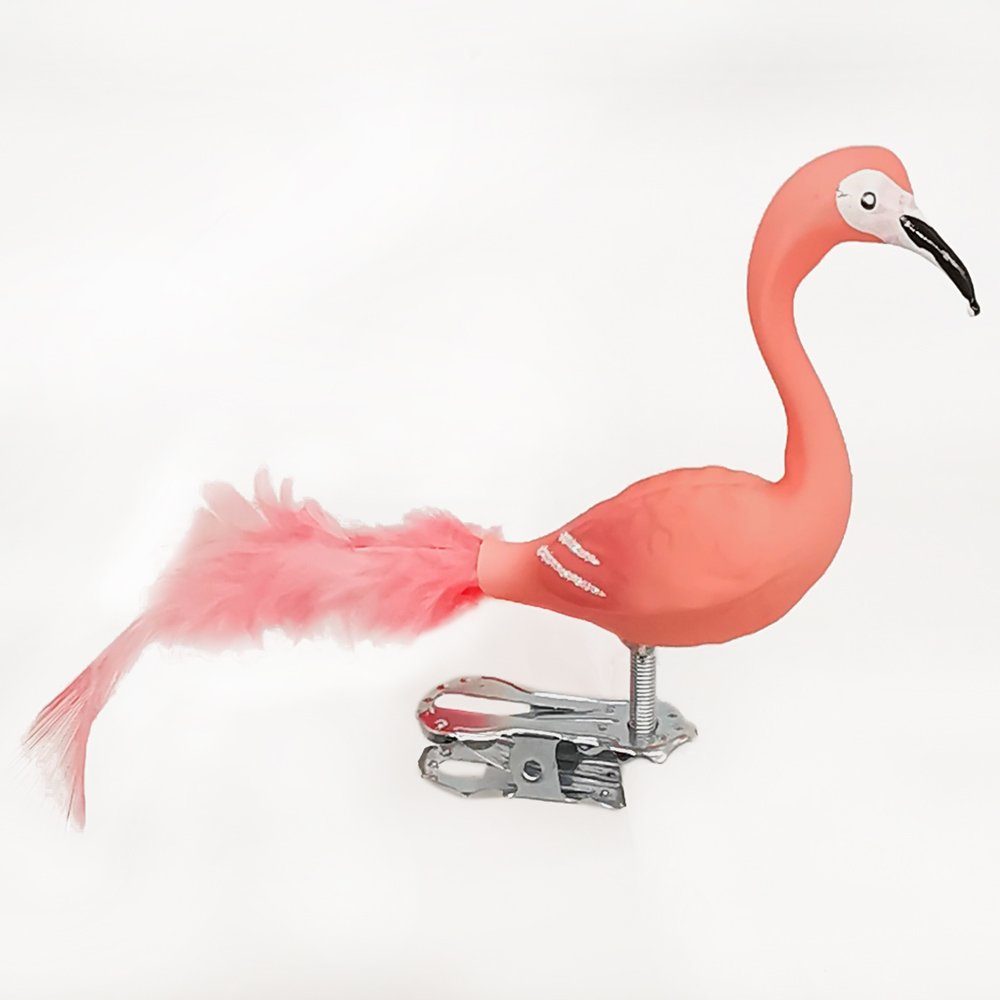Mini mundgeblasen, Schatzhauser (1-tlg), mit 6cm Christbaumschmuck Flamingo Naturfedern, handbemalt Vogel