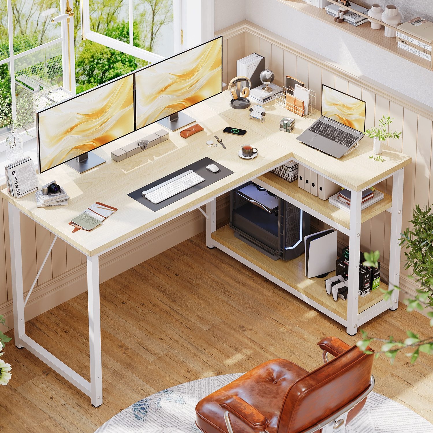GUNJI Eckschreibtisch Eckschreibtisch Umkehrbarer L-förmiger Computer schreibtisch mit Hutch (Maße: 1 m/1,2 m/1,4 m/1,6 m, Schreibtisch mit verstellbaren Einlegeböden)