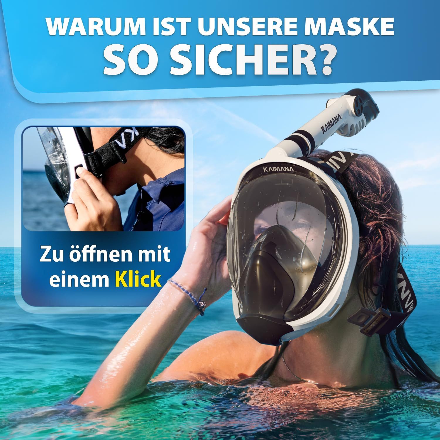 KAIMANA Tauchermaske NEUHEIT- Schnorchelmaske für Erwachsene inkl. Tragetasche, (Vollgesichtsmaske Tauchmaske), geprüfte CO₂ Sicherheit - Tauchermaske Erwachsene