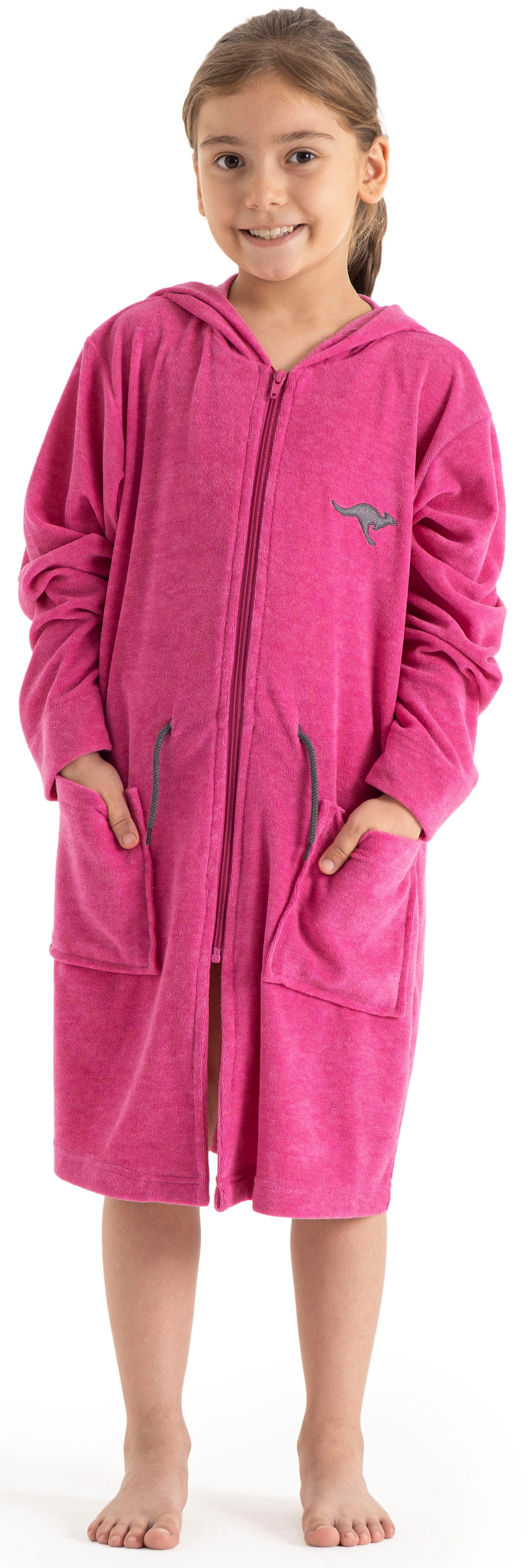 KangaROOS Kinderbademantel Kira, Ideal für Zuhause, Schwimmbad oder im Urlaub, Kurzform, Leichtfrottier, Kapuze, Reißverschluss, modernen, sportliches Design, leuchtenden Akzenten
