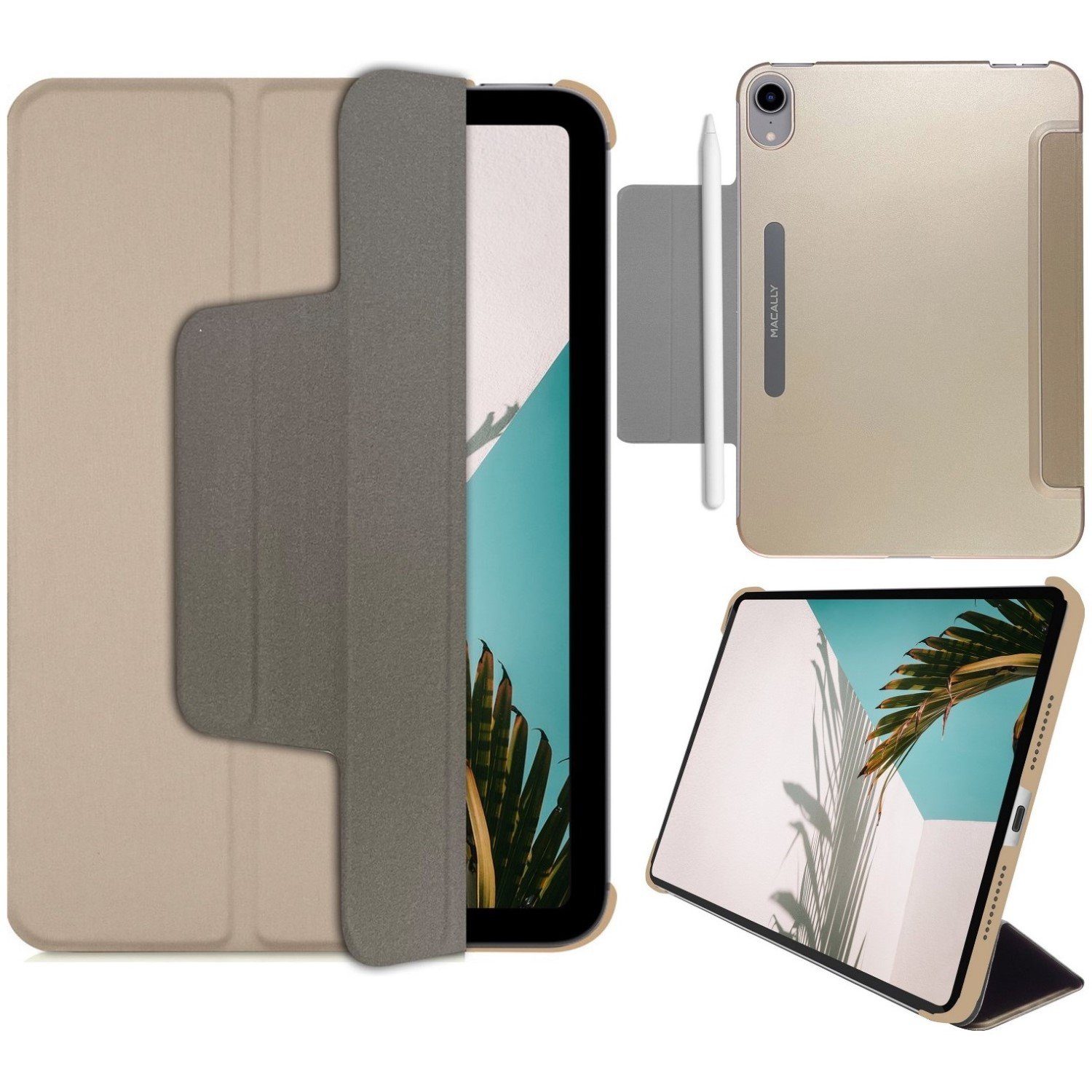 Macally Tablet-Hülle Smart Case Tasche Book-Stand Cover Hülle Gold, Standfunktion Magnet-Verschluss für Apple iPad mini 7 2024 6 2021 8,3"
