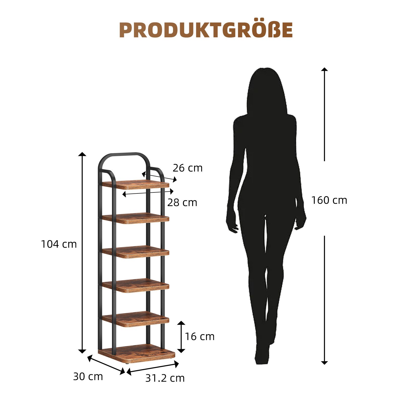 YOLEO Schuhregal Vertikales Schuhregal schmal Metall Platzsparend Vintagebraun-Schwarz, 6 Ebenen