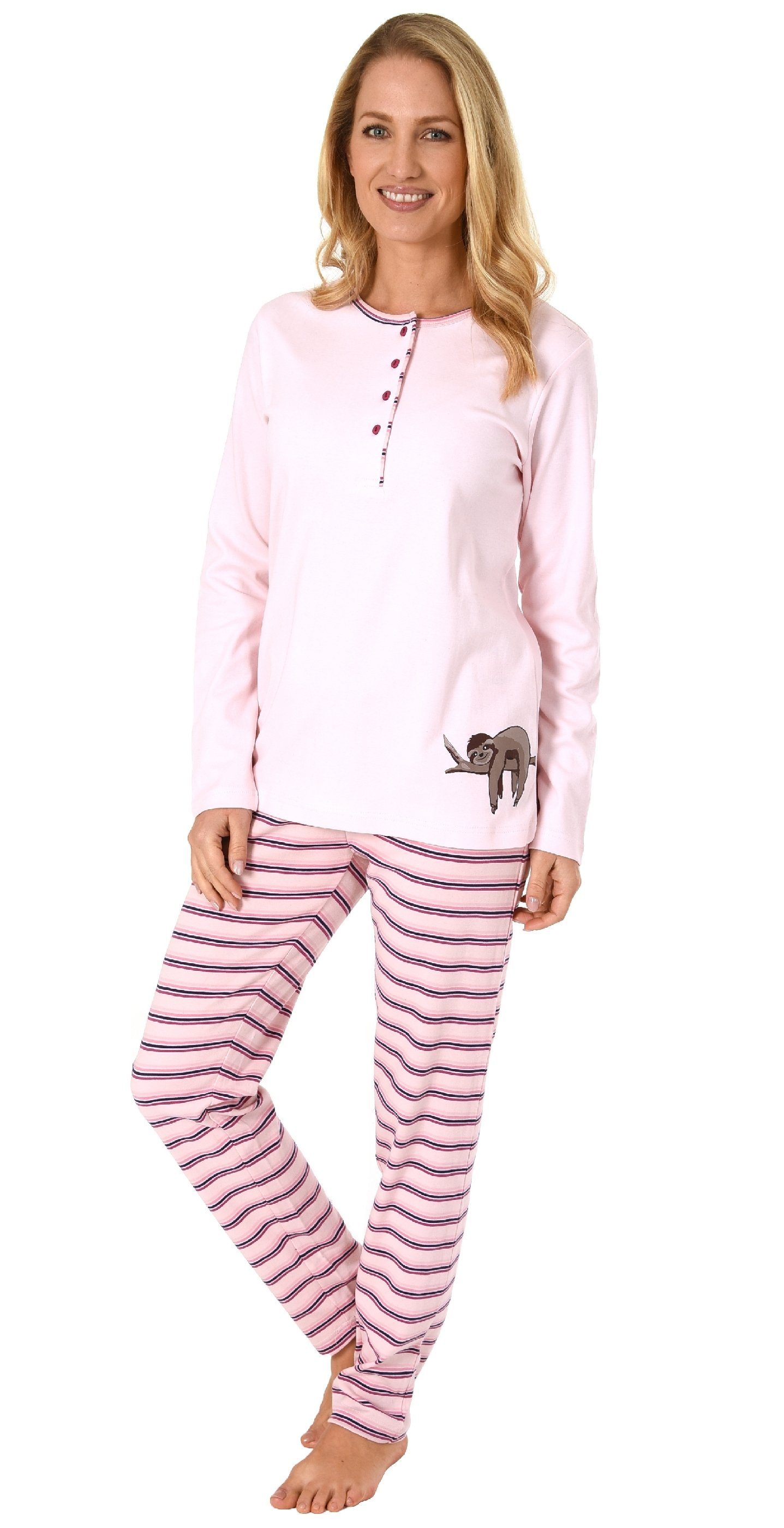 Normann Pyjama Damen Pyjama Kuschelinterlock mit süssen Faultier Tiermotiv rosa