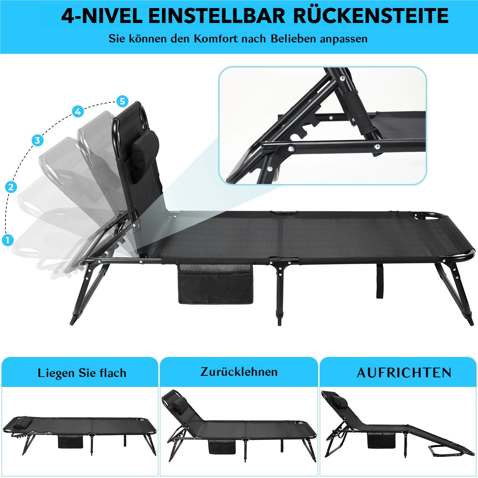 TLGREEN Klappbett Gästebett,Gartenliege,XL Sonnenliege,5-stufig Verstellbar Liegestuhl, (190 * 68 * 31 cm Klappbar mit Auflage Wasserdicht, Campingliege, 1-St) für Balkon, bis 150kg