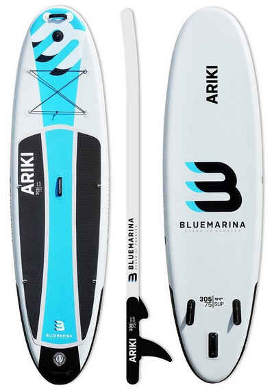 Bluemarina SUP-Board Aufblasbares Bluemarina SUP Board Ariki inkl. 5 J. Garantie, Stand Up Paddle Board, (10 - 15 cm dick, PVC, max 140 kg), Paddling board, Paddelboard, Surfboard, (Kinder/Erwachsene bis 120 kg - 3-Finnen - Action-Cam-Halterung, UV Resistentes PVC - D-Ringe - Transportrucksack - Wasserabweisend), Surfbrett - Surfboard - Paddelboard - Stand Up Paddle