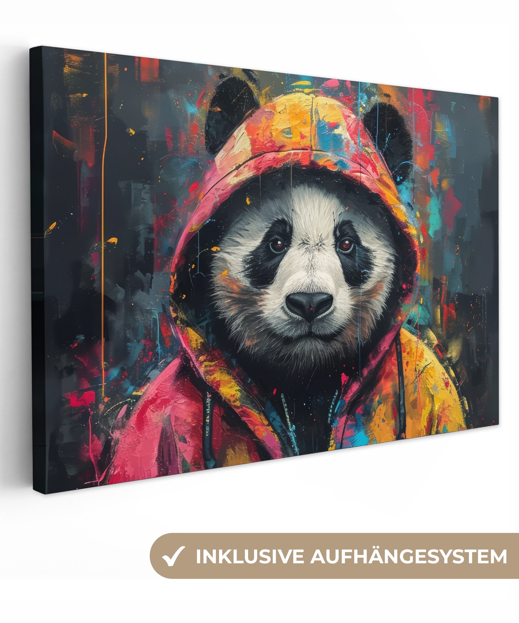 OneMillionCanvasses® Leinwandbild Graffiti - Panda - Mantel - Bunt - Straßenkunst, Fotodruck (1 St), Leinwand Bilder Klein, Wand Dekoration Aesthetic 30x20 cm