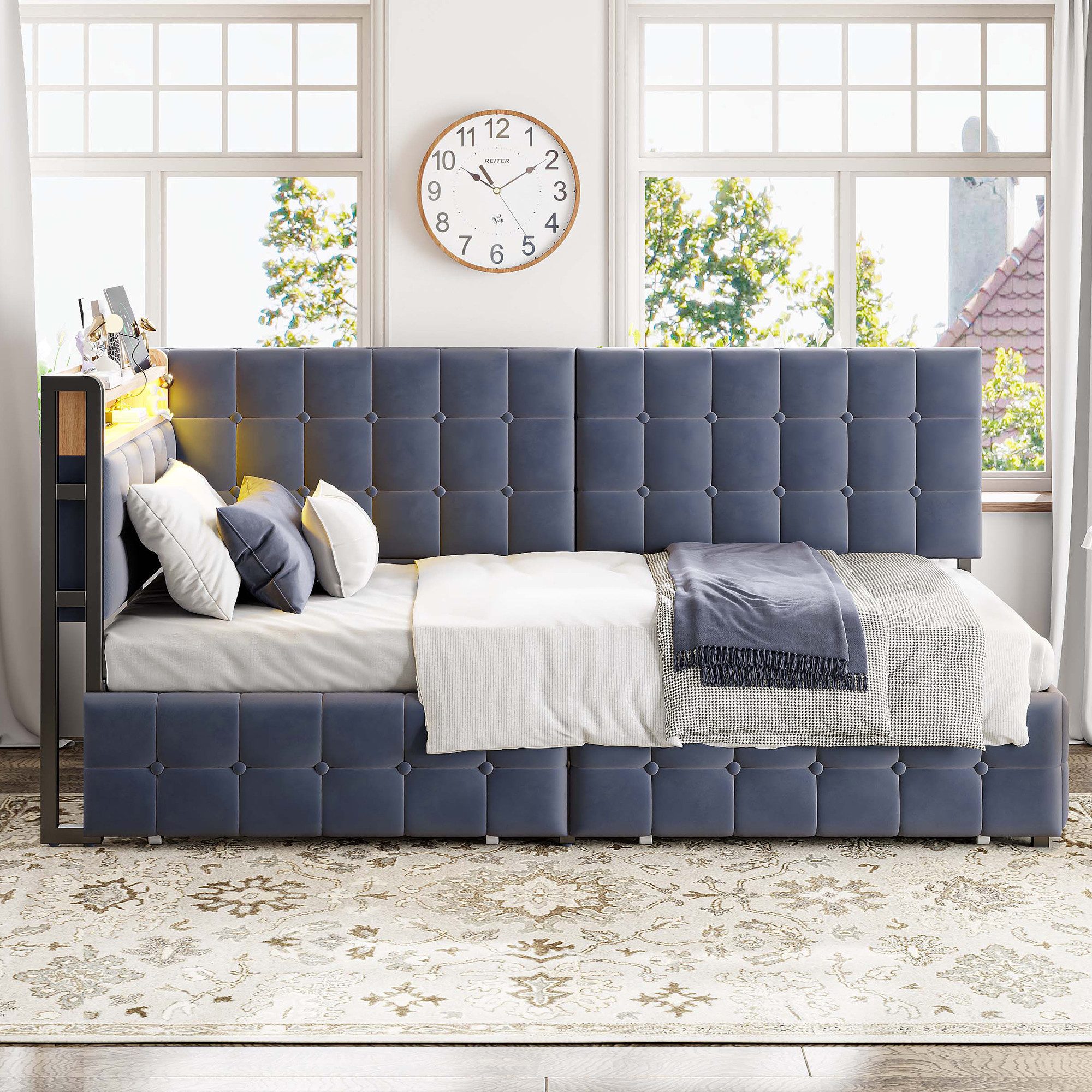 Merax Daybett (Einzelbett Jugendbett Tagesbett Kinderbett Samt, 1 tlg), Polsterbett Schlafsofa 90x200cm mit LED, 2 Schubladen, USB & Typ-C – Bild 2 von 5