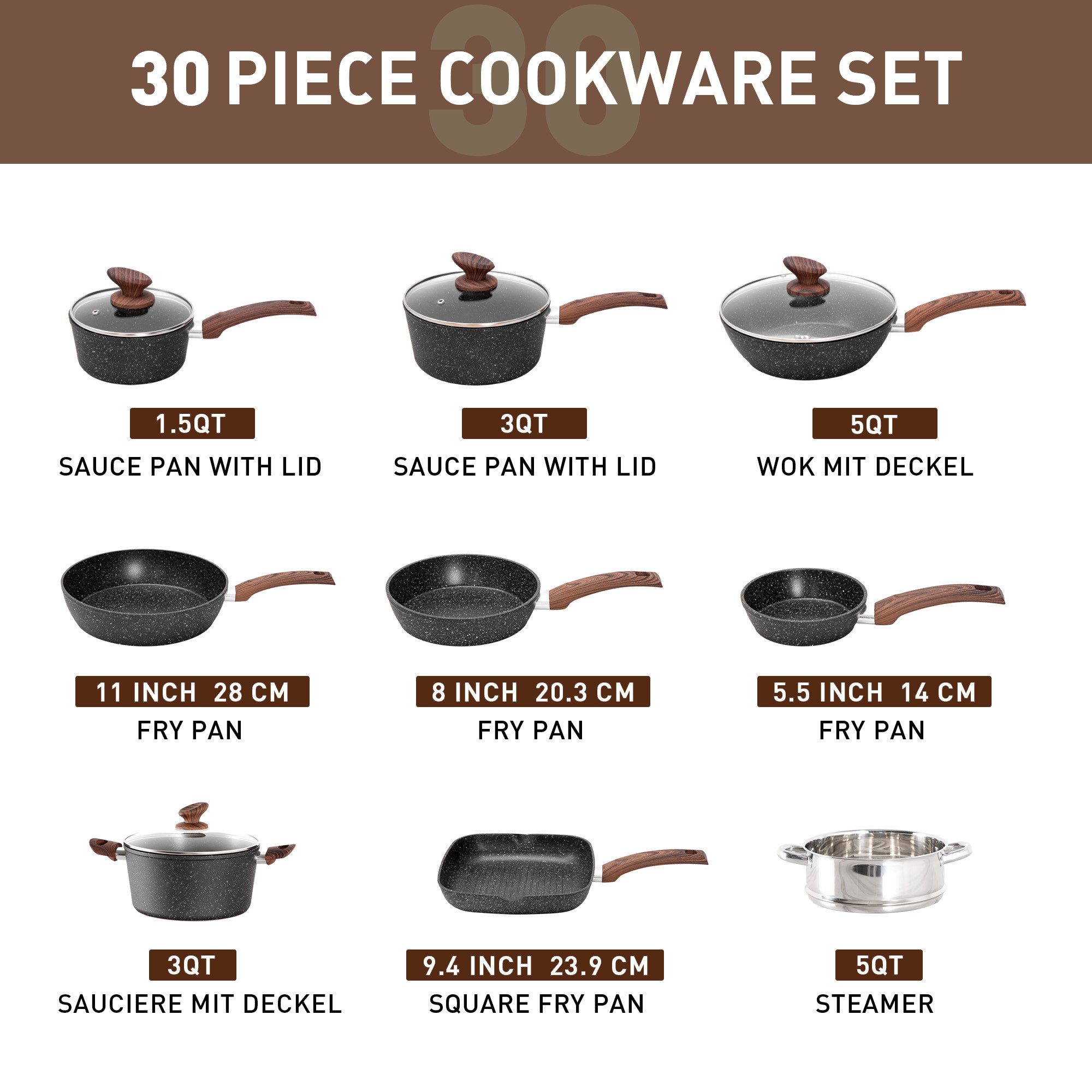 Kitchen Academy Topf-Set, Aluminium, Granit (30-tlg, Pfanne 14/20/24/28 cm, Wok 5 qt, Kasserolle 1,5/3/3 qt, 2 Backform, Kastenform, Rundeform, Muffinform, Silikonbesteck), Küche Induktion Kochgeschirr & Backgeschirr Set 30-teiliges