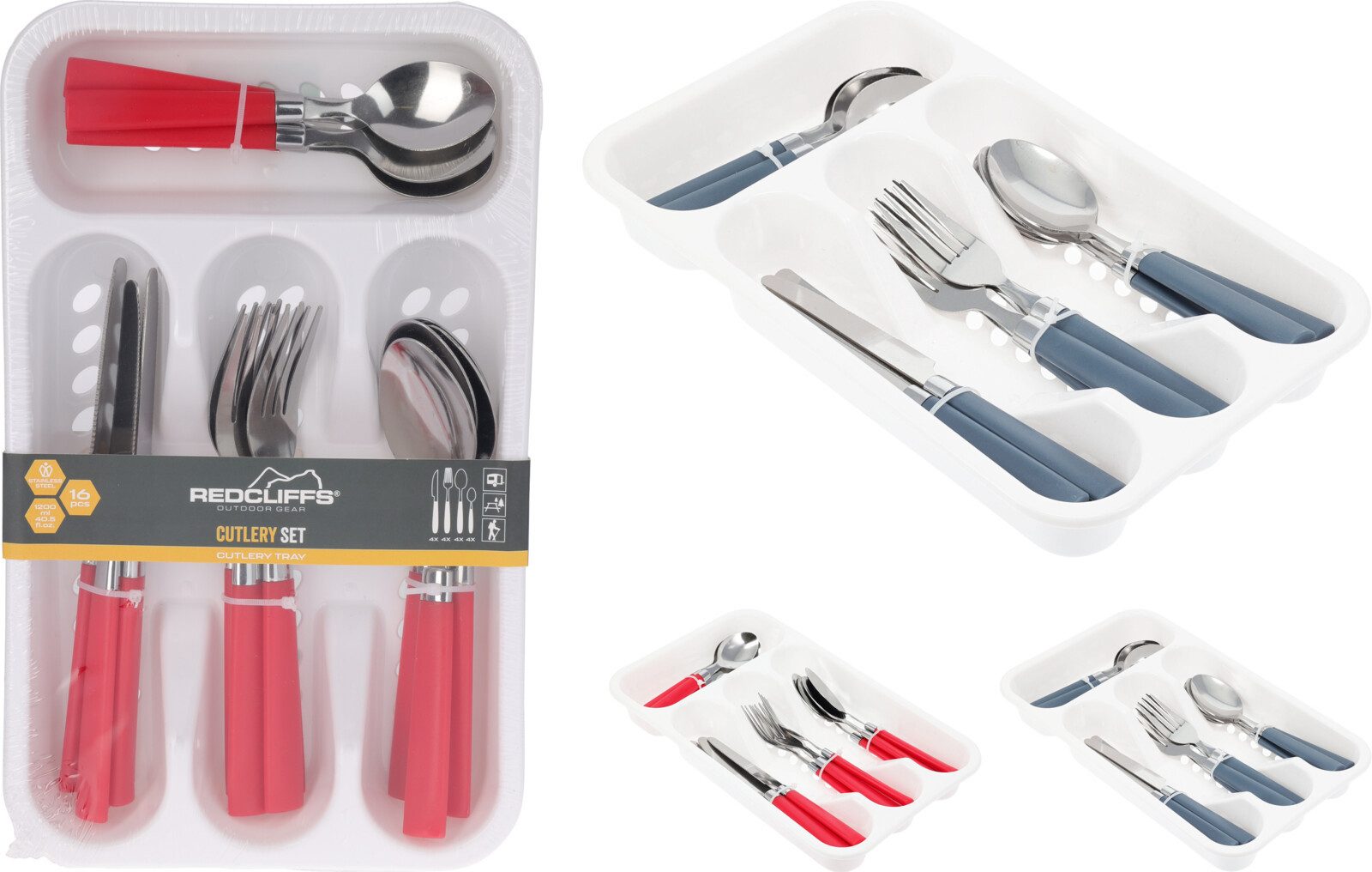 Koopman Besteck-Set Campingbesteck Reisebesteck Rot / Blau 16 Tlg. Set (16-tlg), Edelstahl, Rostfrei, Edelstahl, Rot, 16tlg, Besteckhalter