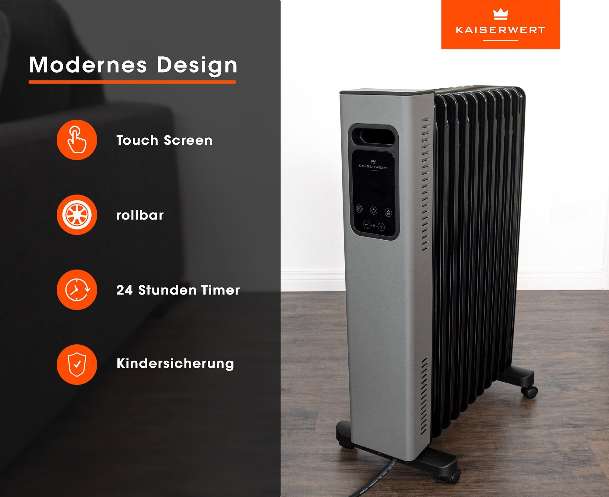 Kaiserwert Ölradiator Deluxe, 2500 W, Memory-Funktion Rippen, 11 Touch-Display, Thermostat, 24h-Timer