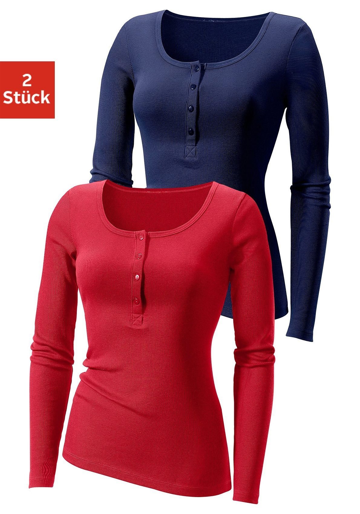 H.I.S Langarmshirt mit kurzer Knopfleiste (2er-Pack) aus modischer Rippqualität