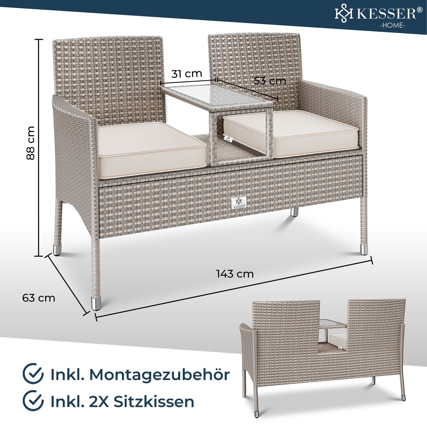 KESSER Gartenbank, Polyrattan Gartenbank 2-Sitzer Bank mit integriertem Tisch