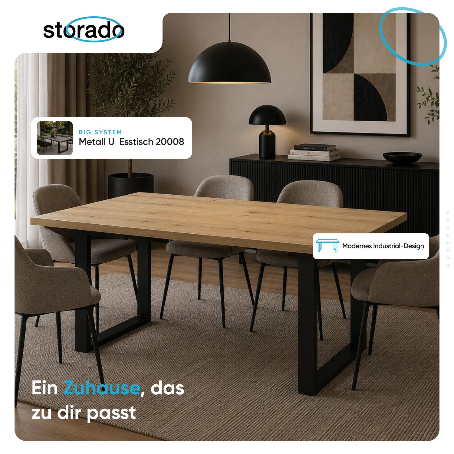 Storado Esstisch Big System Metall U 140–210×90cm, Esszimmertisch, Stabiles U-Gestell für einen sicheren Stand