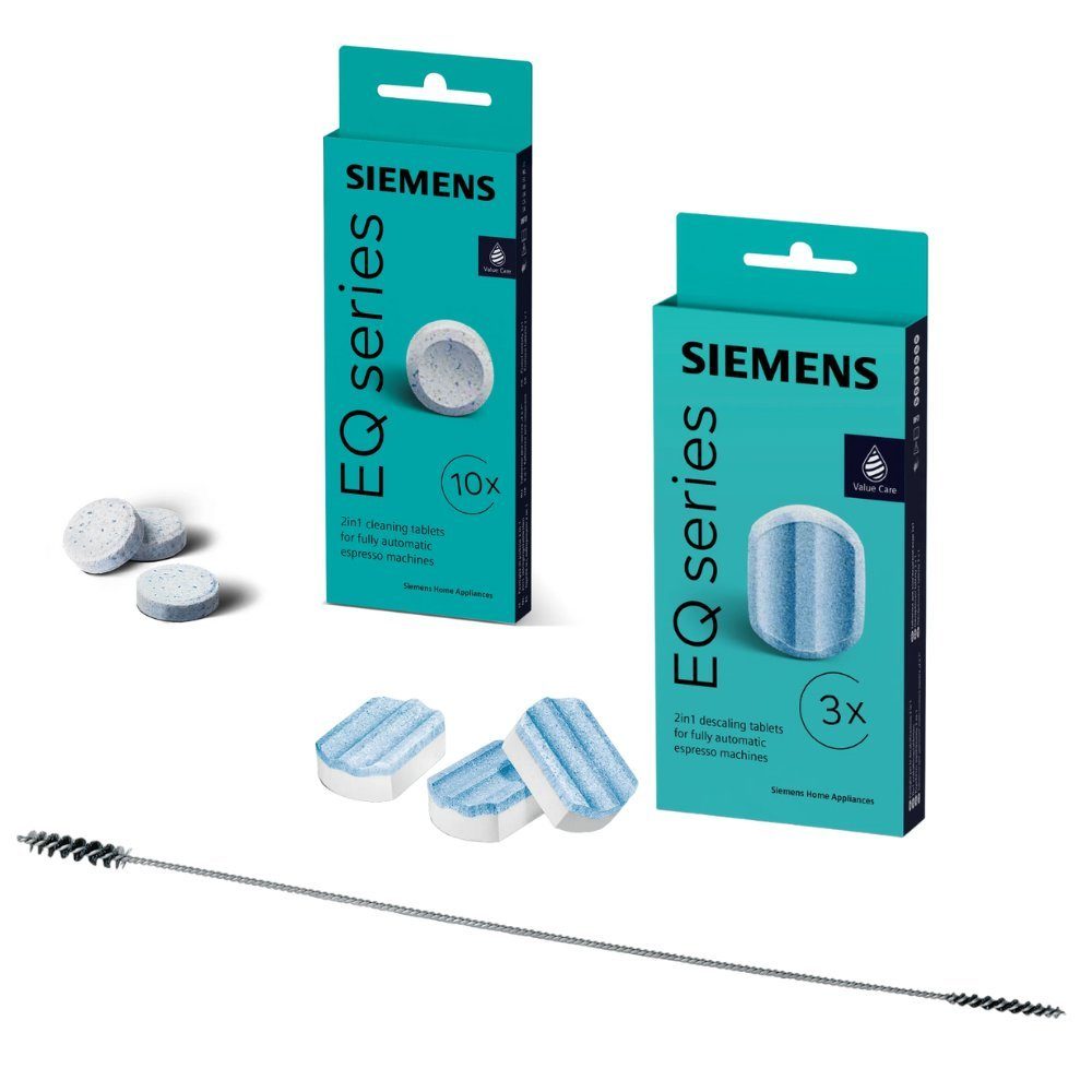 SIEMENS Reiniger TZ80001 + Entkalker TZ80002 + Spezial-Bürste Pflegeset (Spar-Set, [- 1× TZ80001A, 1× TZ80002A & Spezial‑Reinigungsbürste Spar‑Set für Reinigung, Entkalkung & Pflege von Kaffeevollautomaten)