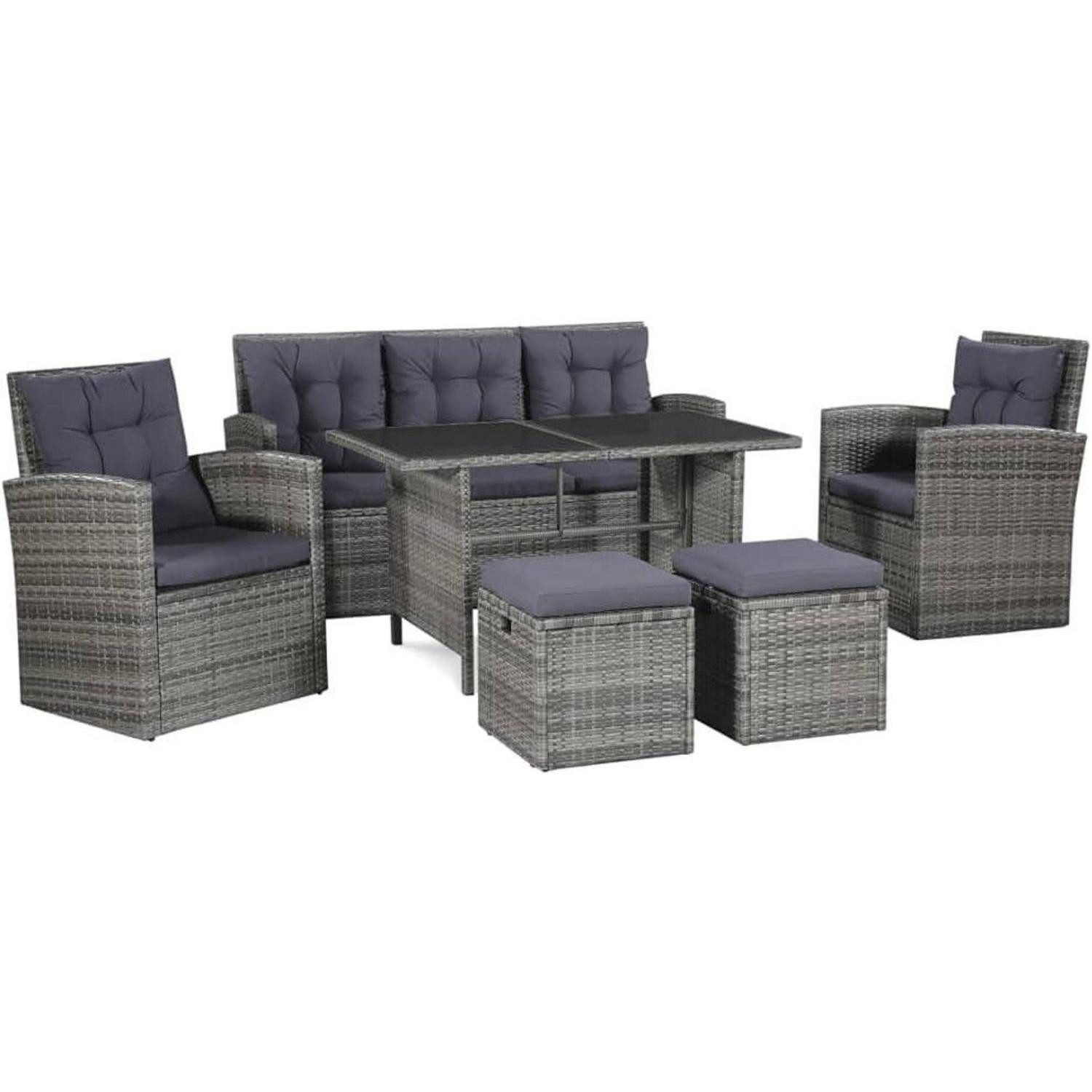 Willood Gartenlounge-Set Garten Lounge Set 6 TLG. mit Auflagen für 7 Personen Poly Rattan Grau