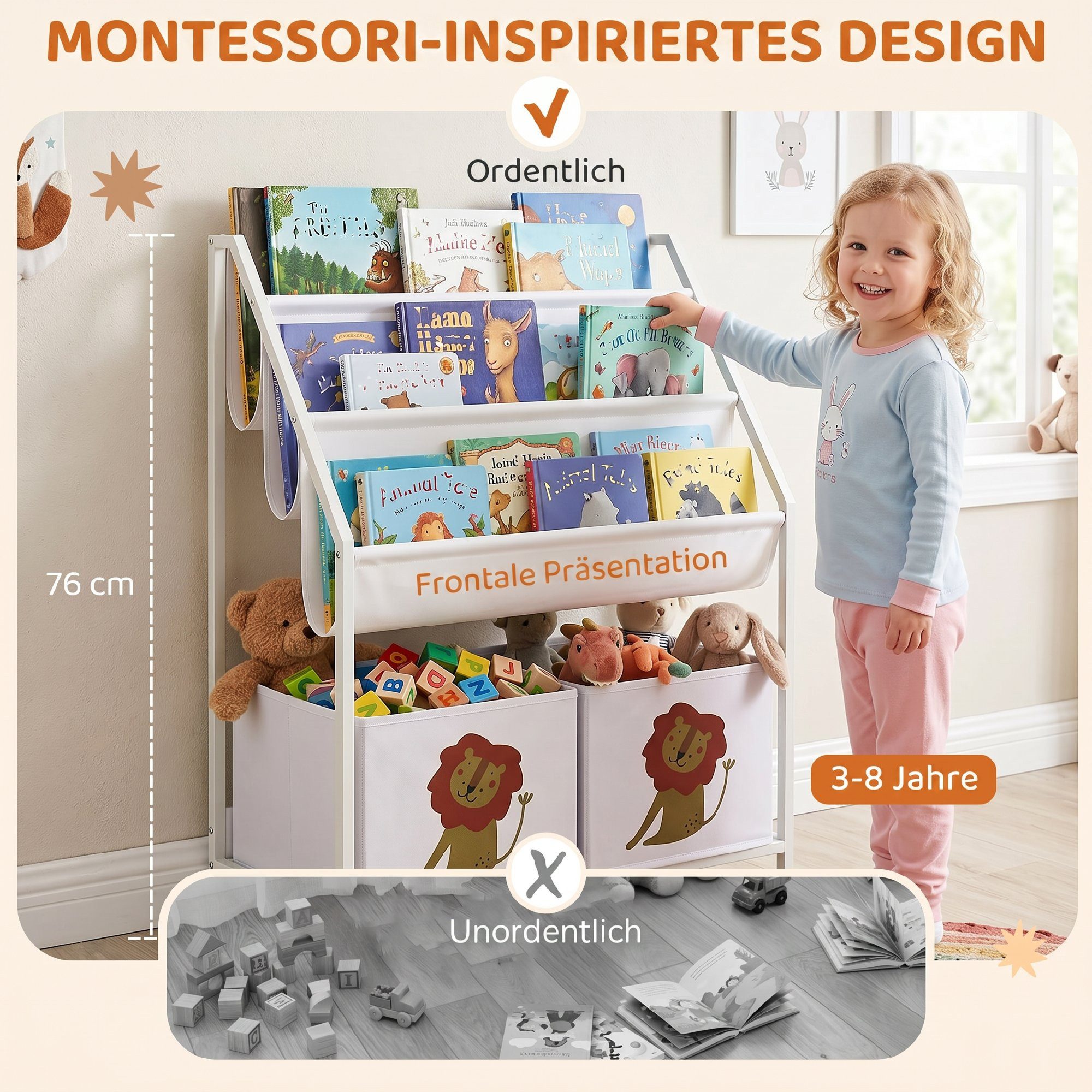 AIYAPLAY Kinderregal Bücherregal mit 2 offenen Fächer 3 Hängeregale, Set 1-tlg., für Kinderzimmer 60 x 30 x 76 cm Weiß – Bild 5 von 5