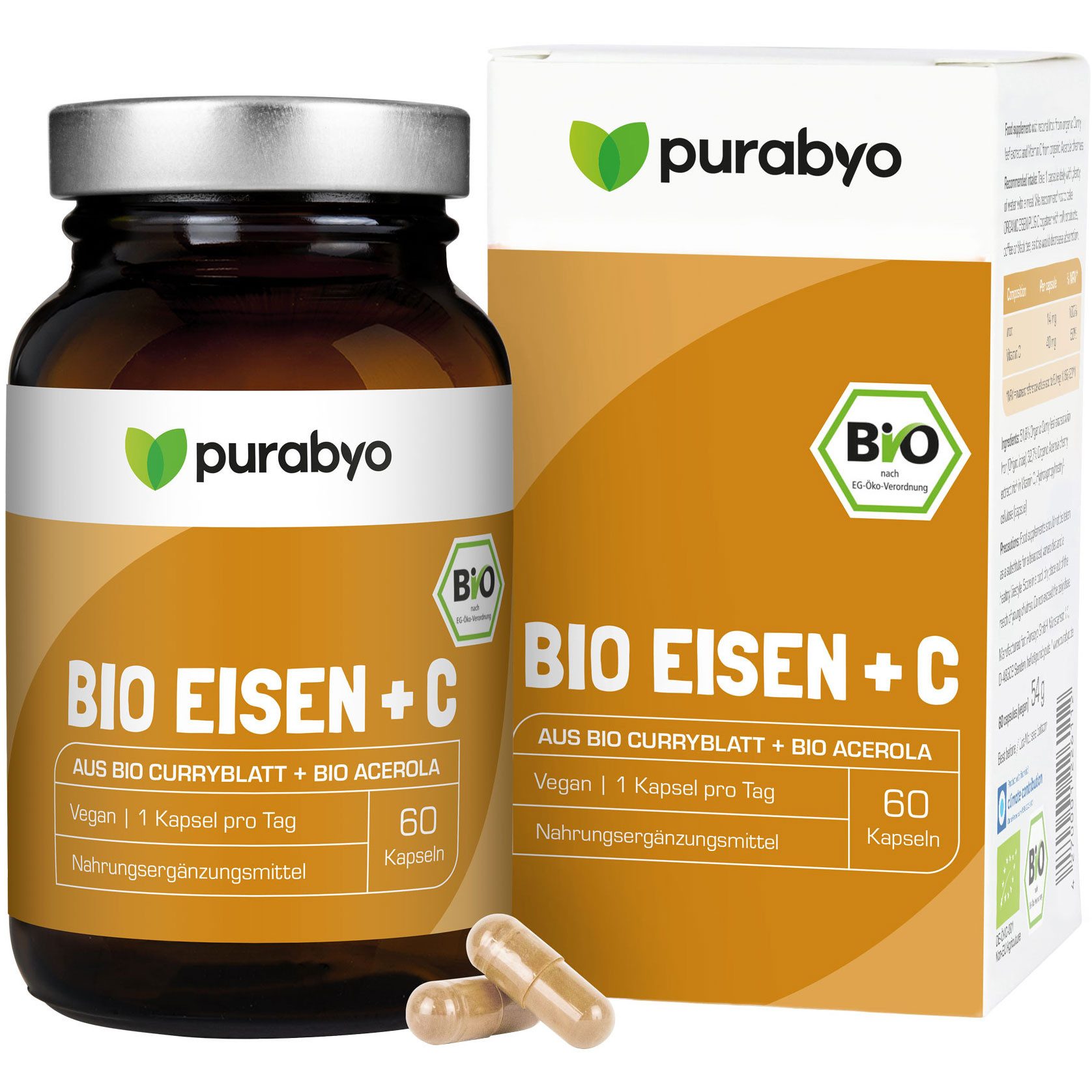 Purabyo BIO Eisen plus C - Eisen aus Bio Curryblatt mit Bio Acerola C, im Glas Kapseln, 60 St., 54 g