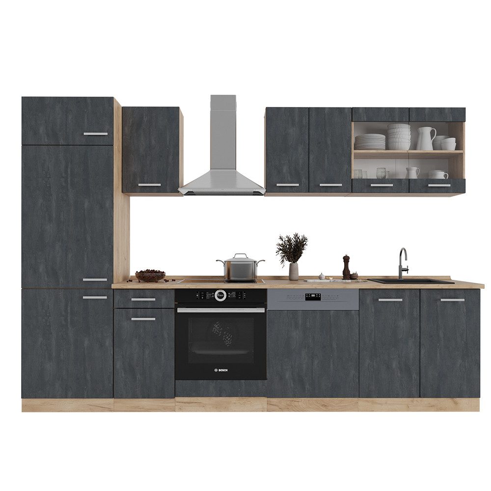 Vicco Küchenzeile R-Line, Schwarz Beton/Goldkraft Eiche, günstig online kaufen