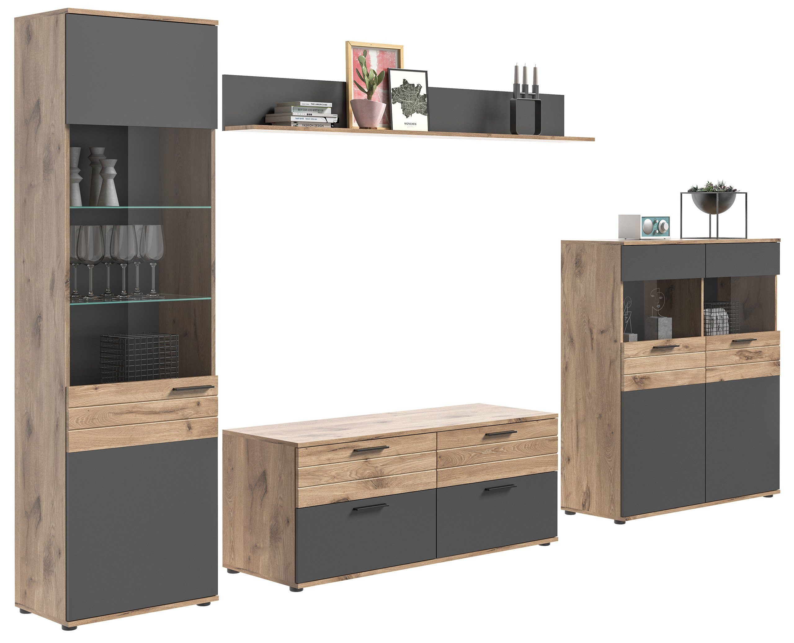 Newroom Wohnwand Lupus, Wohnwand Basalt Grau Eiche Schrankwand Anbauwand Industrial Modern ...