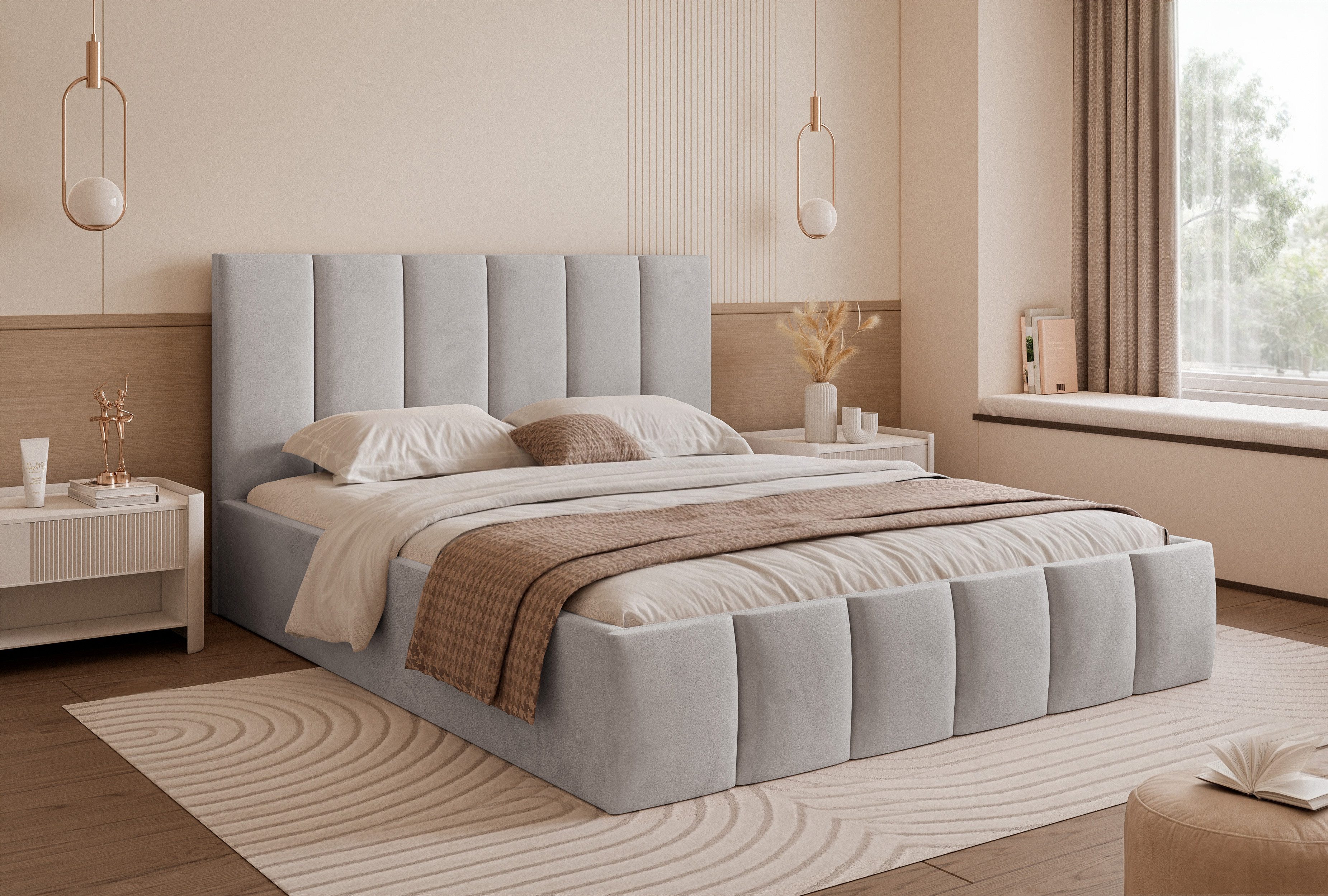 Goldstoff Polsterbett Modernes Designbett "MAESTRO" mit Stauraum und elegantem Kopfteil (120–200x200 cm, Kopfteilhöhe: 90/110 cm, Seitenhöhe: 30 cm), Elegantes Designbett mit integriertem Stauraum und Komfortkopfteil
