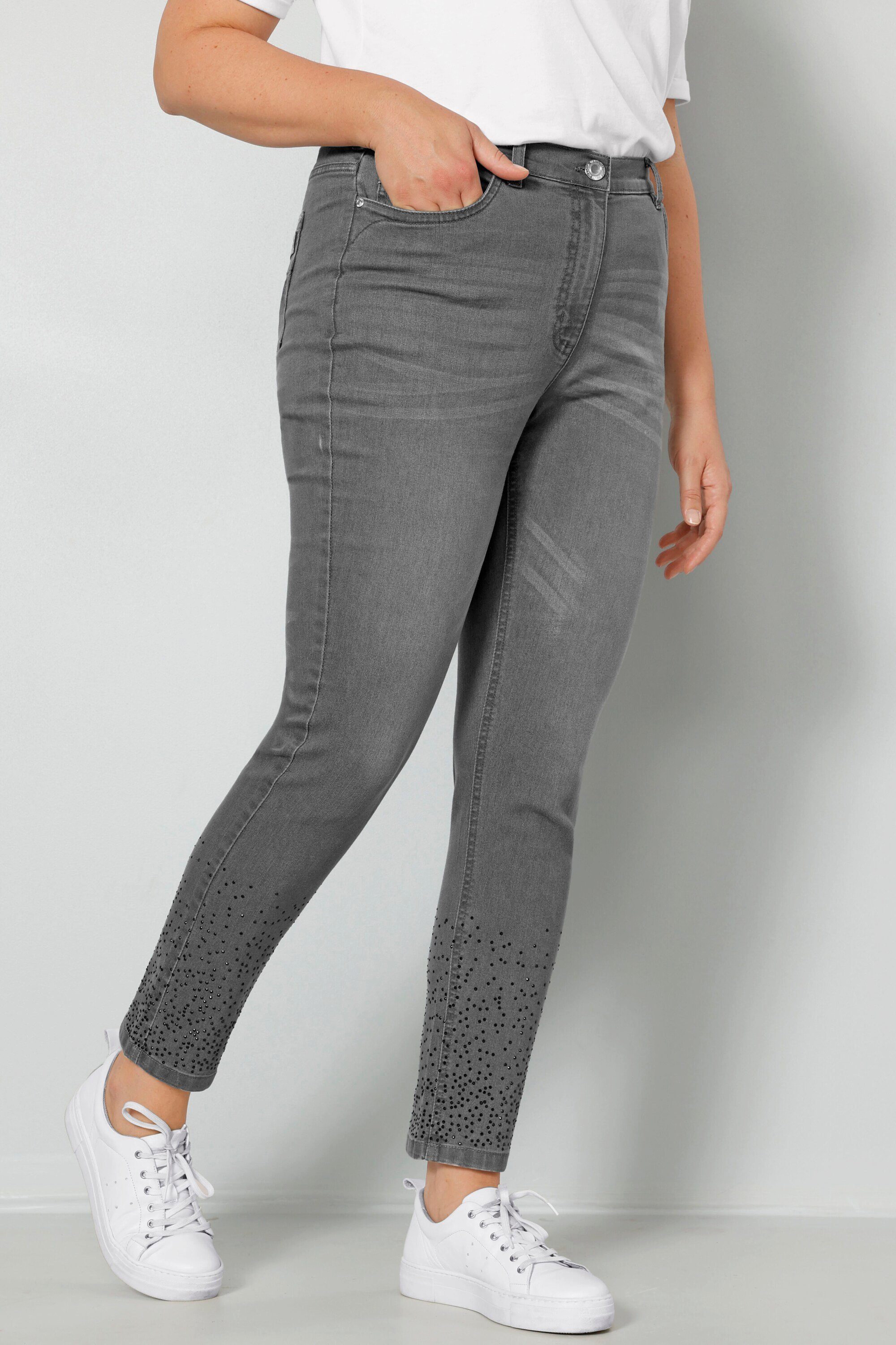 MIAMODA Regular-fit-Jeans Jeans Slim Fit Saum mit Ziersteinchen 5-Pocket
