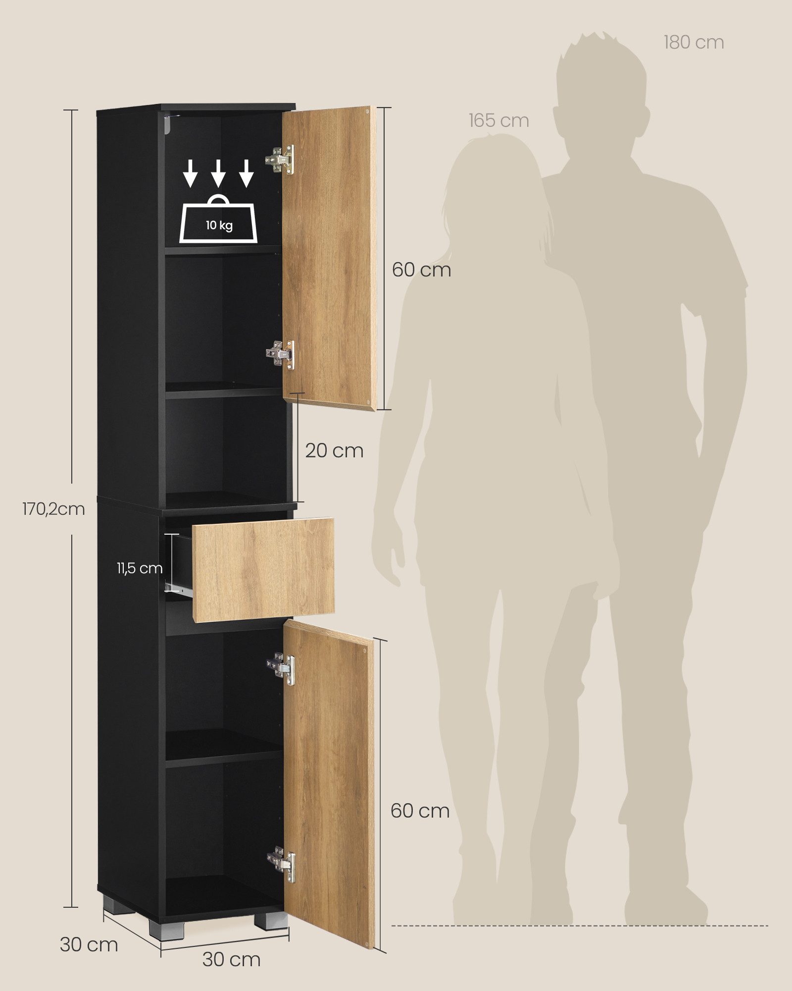VASAGLE Badkommode Badezimmerschrank Badschrank verstellbare Ablagen, 30 x 30 x 170,2 cm, mit einer Schublade, Badezimmermöbel, offenes Fach – Bild 5 von 5