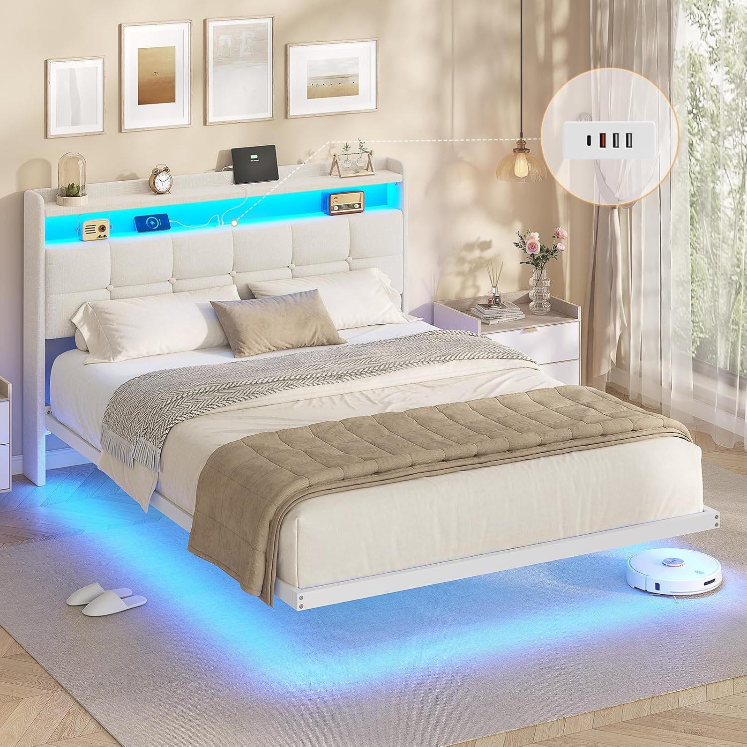 Polsterbett Bettrahmen mit LED-Beleuchtung und Ladestation