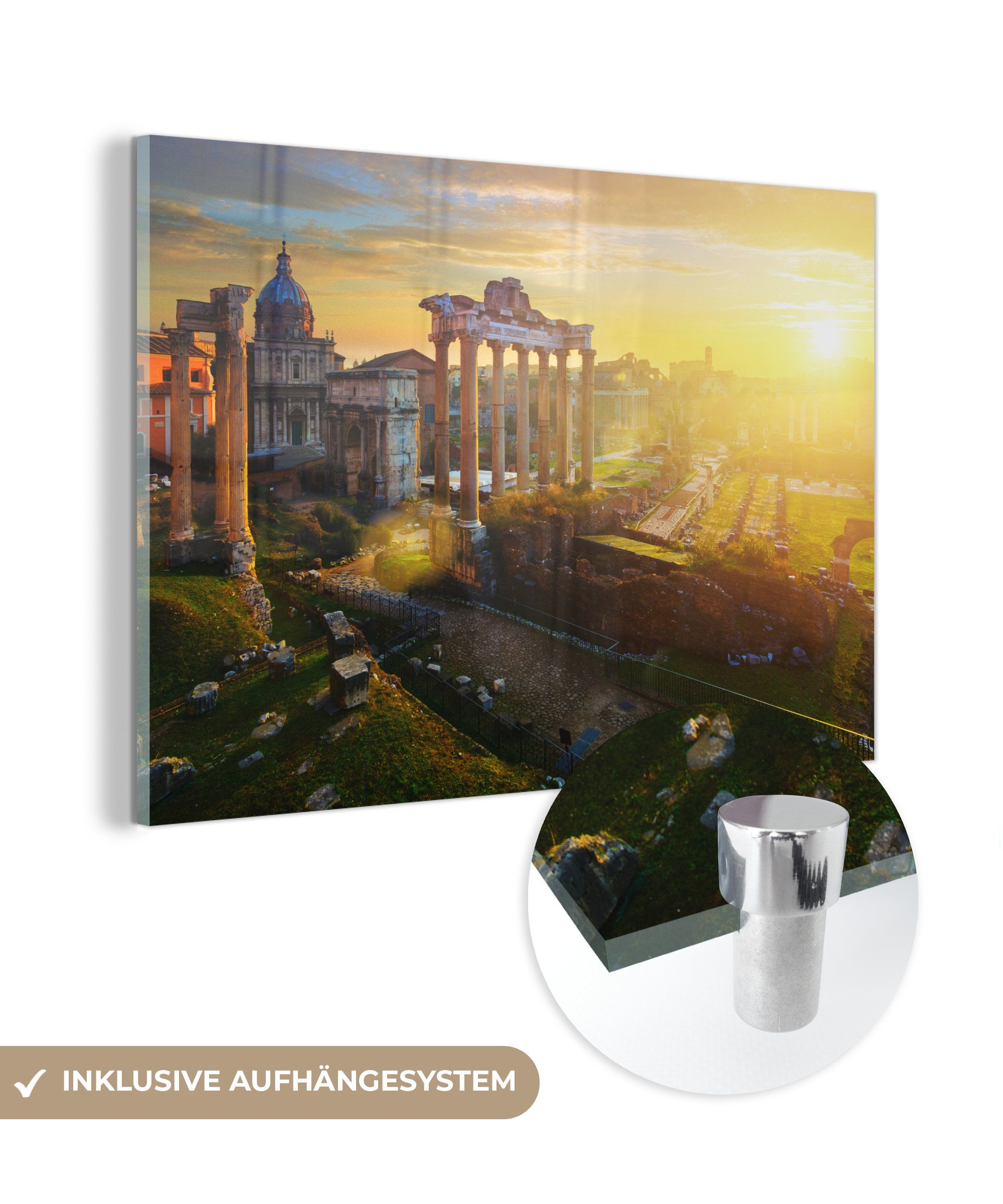 MuchoWow Acrylglasbild Von der Sonne beleuchtete Triumphbögen am Tempel von Vespasian und, (1 St), Acrylglasbilder Wohnzimmer & Schlafzimmer