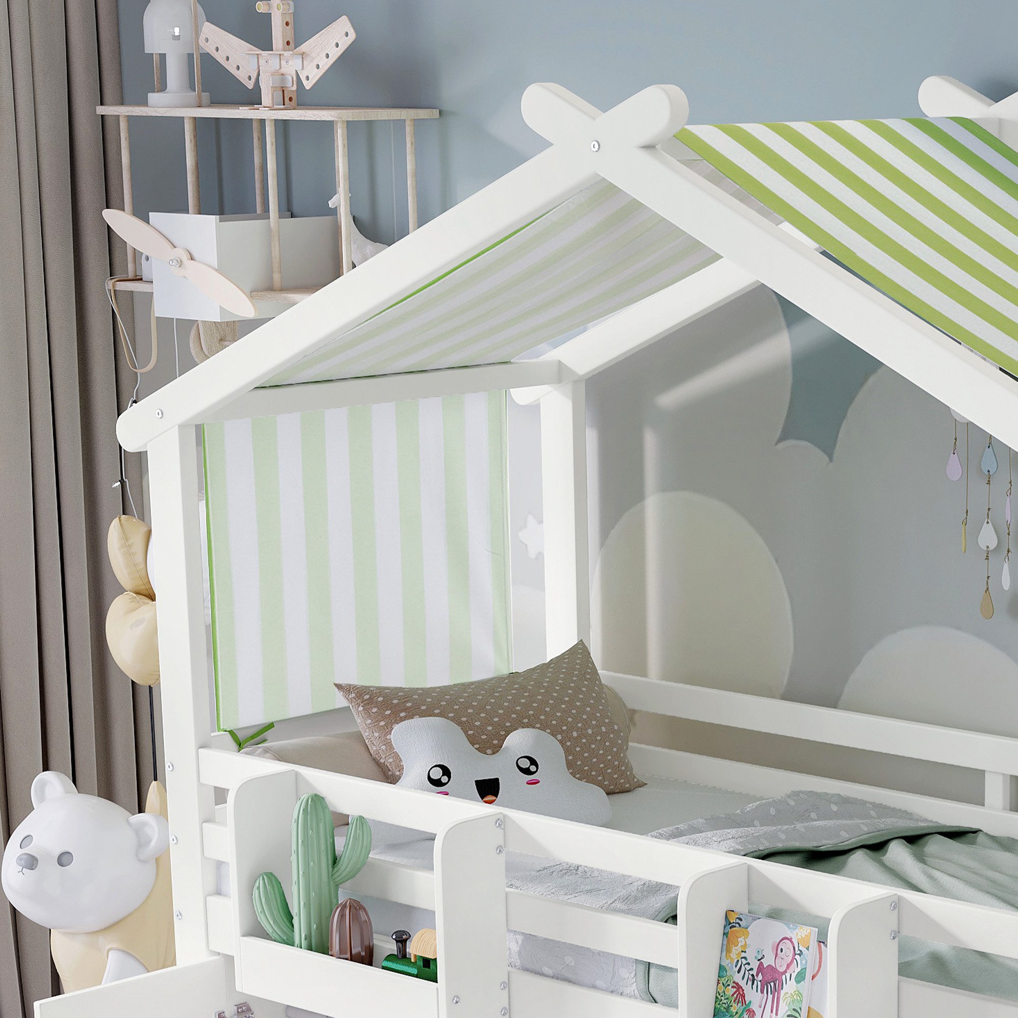 Flieks Hochbett Kinderbett 90x200cm mit Vorhang, Kleiderschrank und Stauraumtreppe – Bild 5 von 5