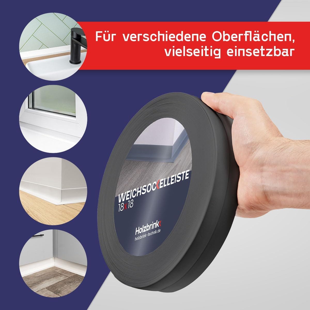 HOLZBRINK Sockelleiste HOLZBRINK selbstklebend PVC 18x18mm, 1 m, L: 100 cm, 1m Rolle, Küchenleiste Abschlussleiste für Badezimmer Farbe: Dunkelgrau