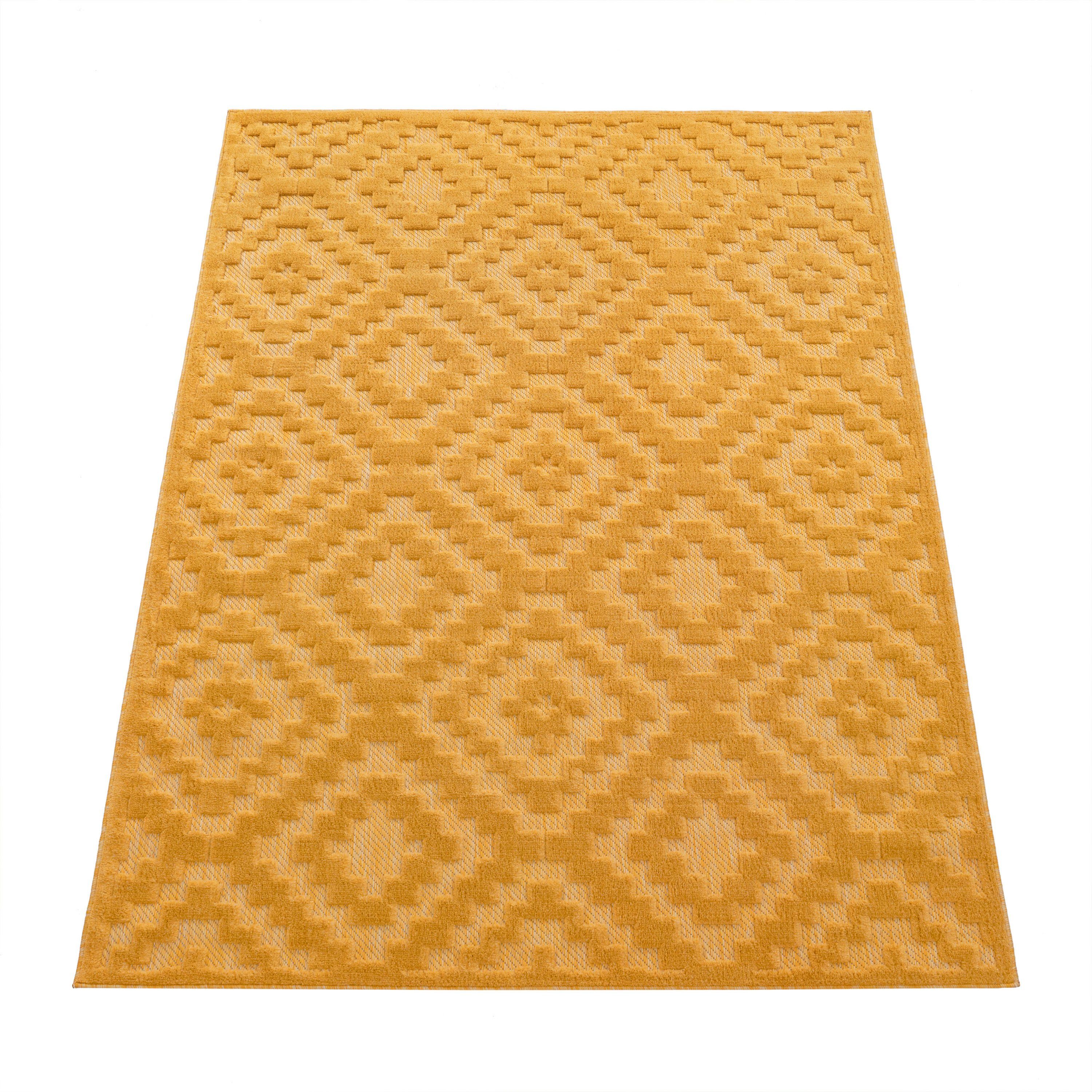 Teppich Livorno 672, Paco Home, Outdoor Muster, Uni-Farben, rechteckig, Scandi, Effekt, Hoch-Tief gelb Rauten 14 mm, Höhe: geeignet