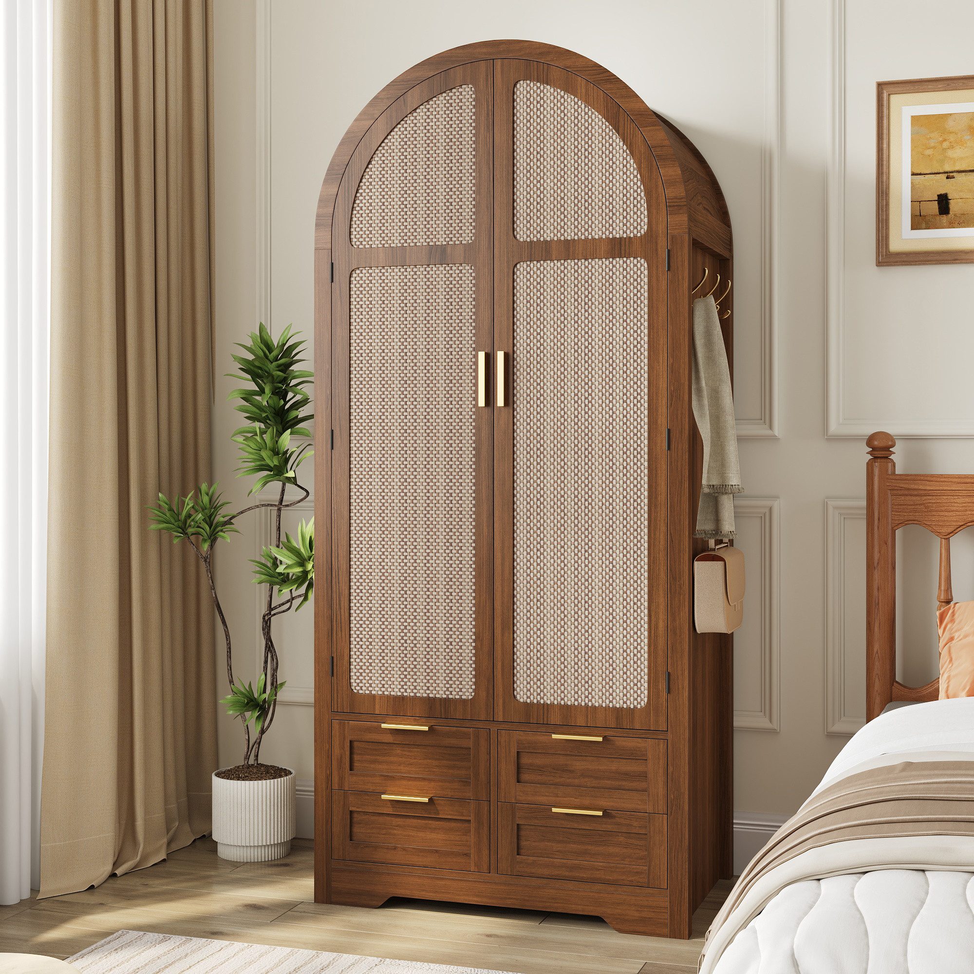 Flieks Kleiderschrank Garderobenschrank 80x50x179cm mit Kleiderstange Schubladen Rattantüren