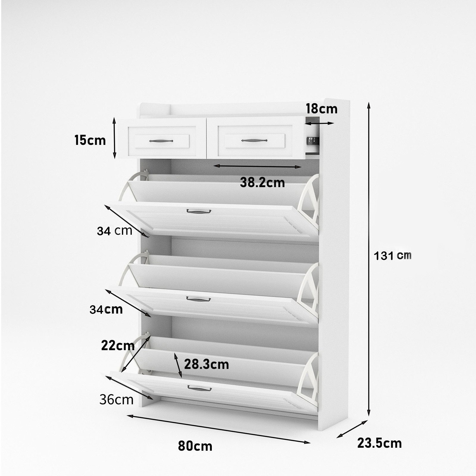 IDEASY Schuhschrank Schuhschrank mit 3 Klappen und 2 Schubladen aus Holz (3 umklappbare Schuhregale, bietet Platz) für 18–24 Paar Schuhe, Metallgriff