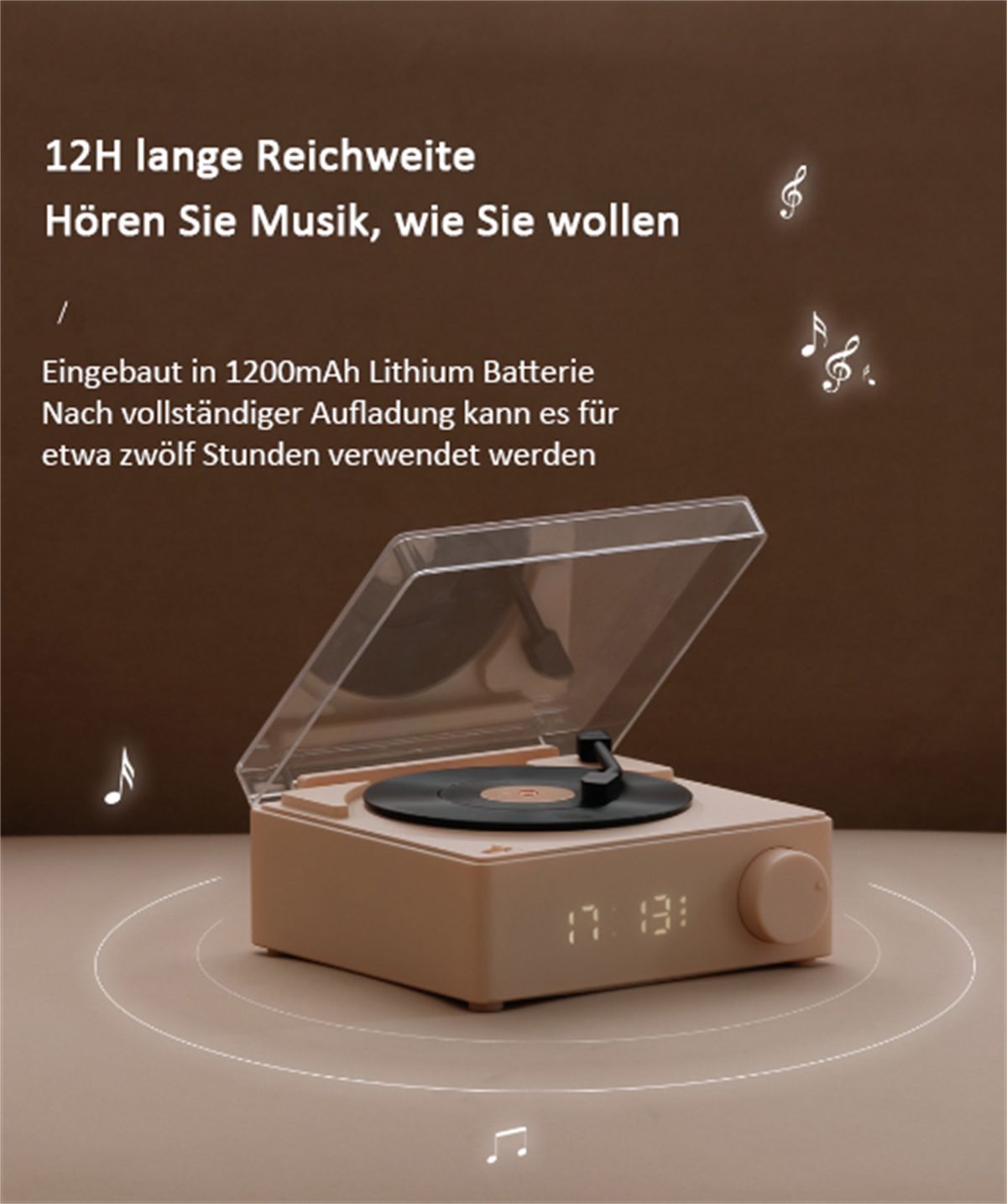 carefully Bluetooth-Lautsprecher Weckerfunktion Retro-Schallplatten-Bluetooth-Lautsprecher selected Rosa mit