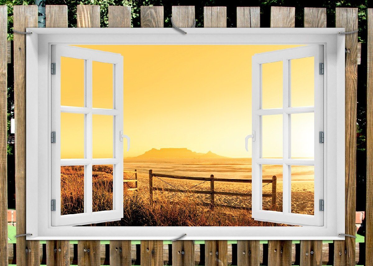 Thumbnail - Wallario Sichtschutzzaunmatten Strand in Südafrika I - Himmel in orange, mit Fenster-Illusion