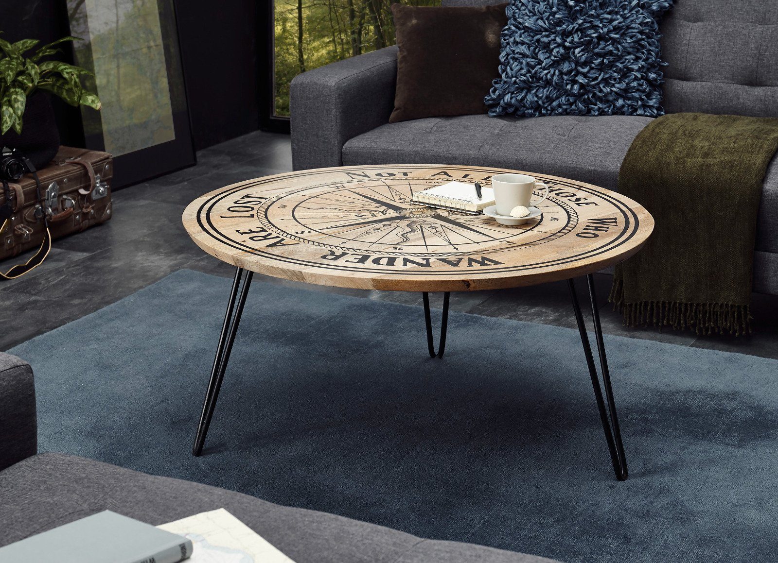 MCA Massivholz Ø Metallgestell, 90 mit (Tisch furniture aus Nevis cm), Kompass-Motiv Couchtisch mit