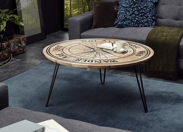 MCA furniture Couchtisch Nevis (Tisch aus Massivholz mit Metallgestell, Ø 90 cm), mit Kompass-Motiv