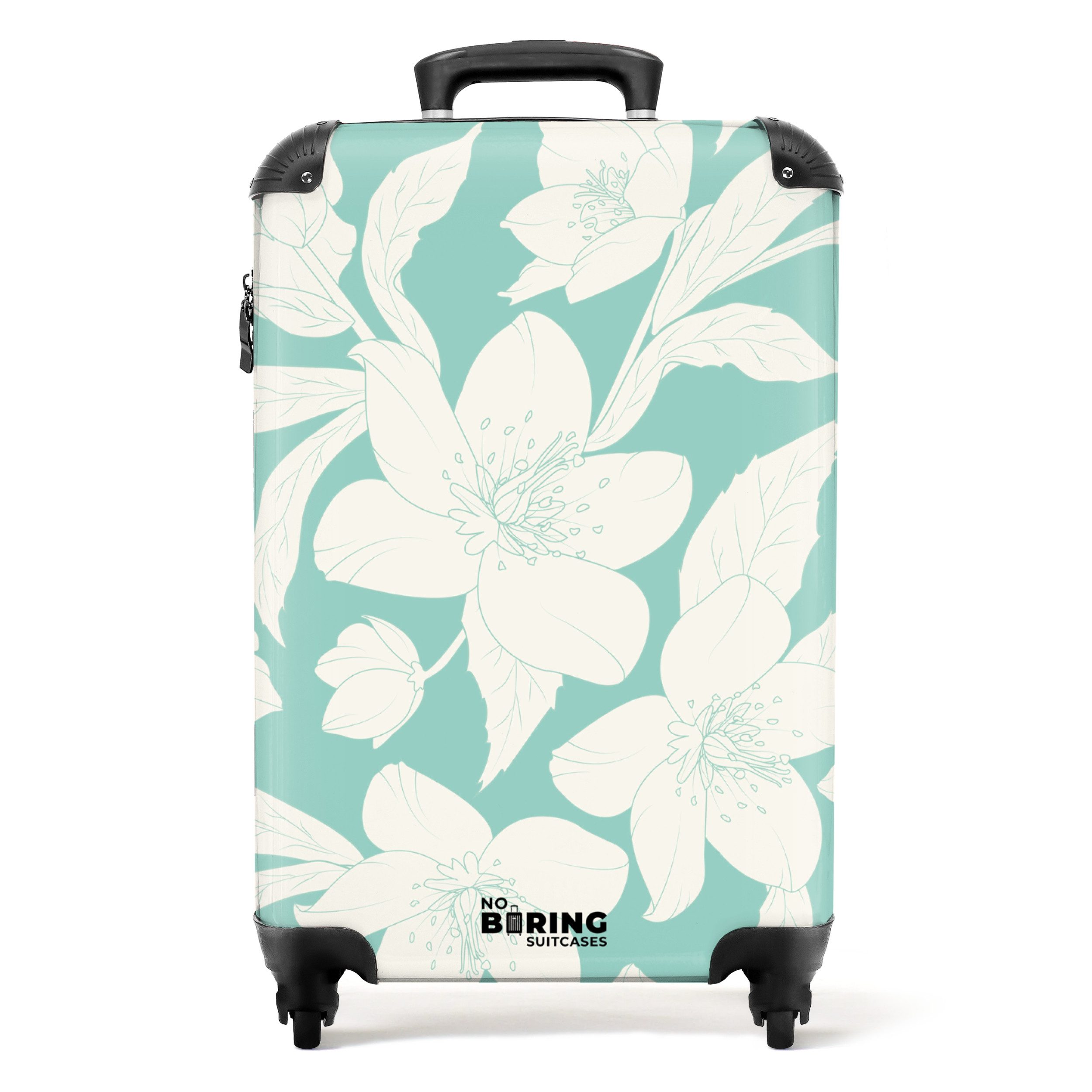 NoBoringSuitcases.com© Hartschalen-Trolley Türkis mit weißen Blumen günstig online kaufen