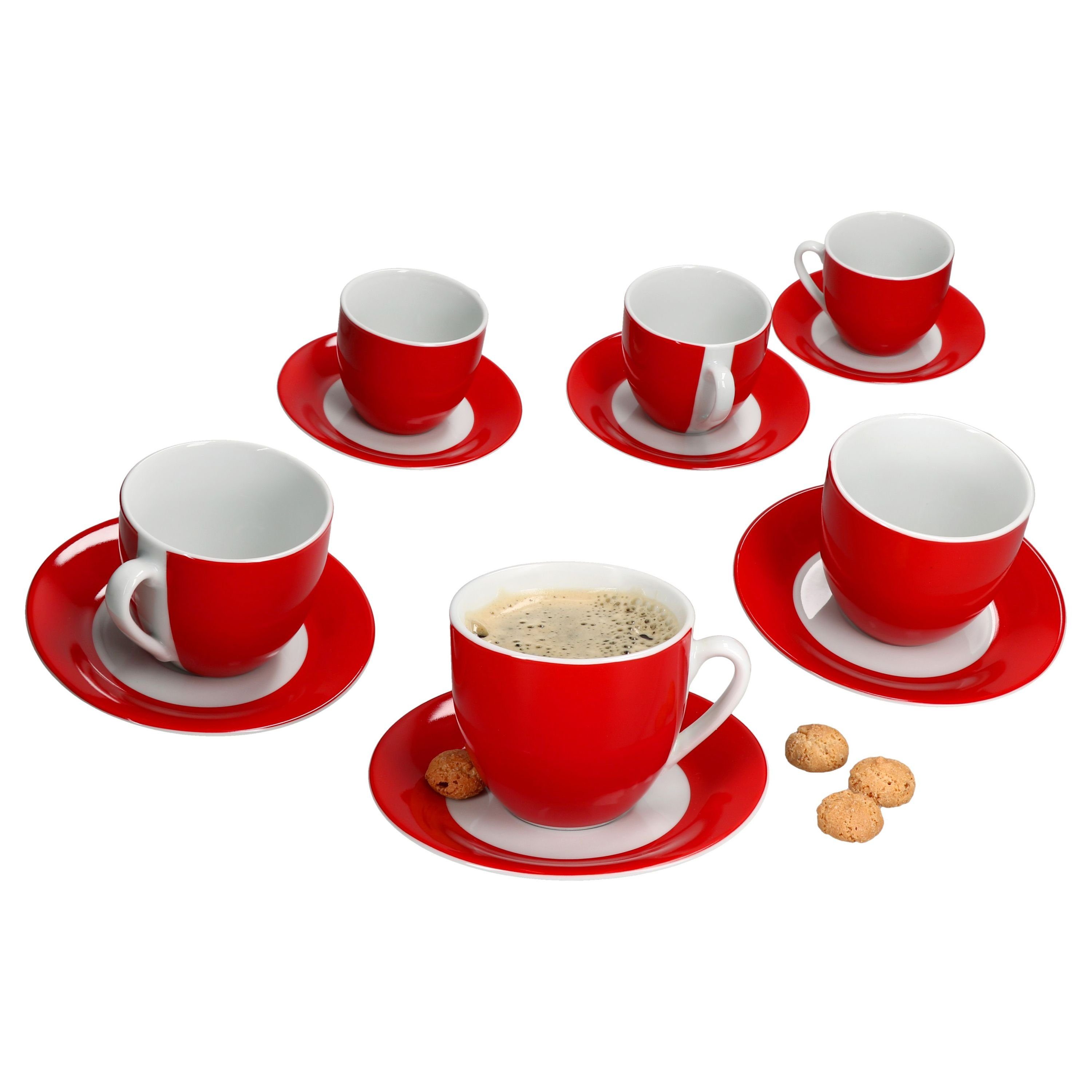 MamboCat Tasse 6er Set Variant Rot Kaffeetassen mit Untertassen für 6 Personen, Porzellan