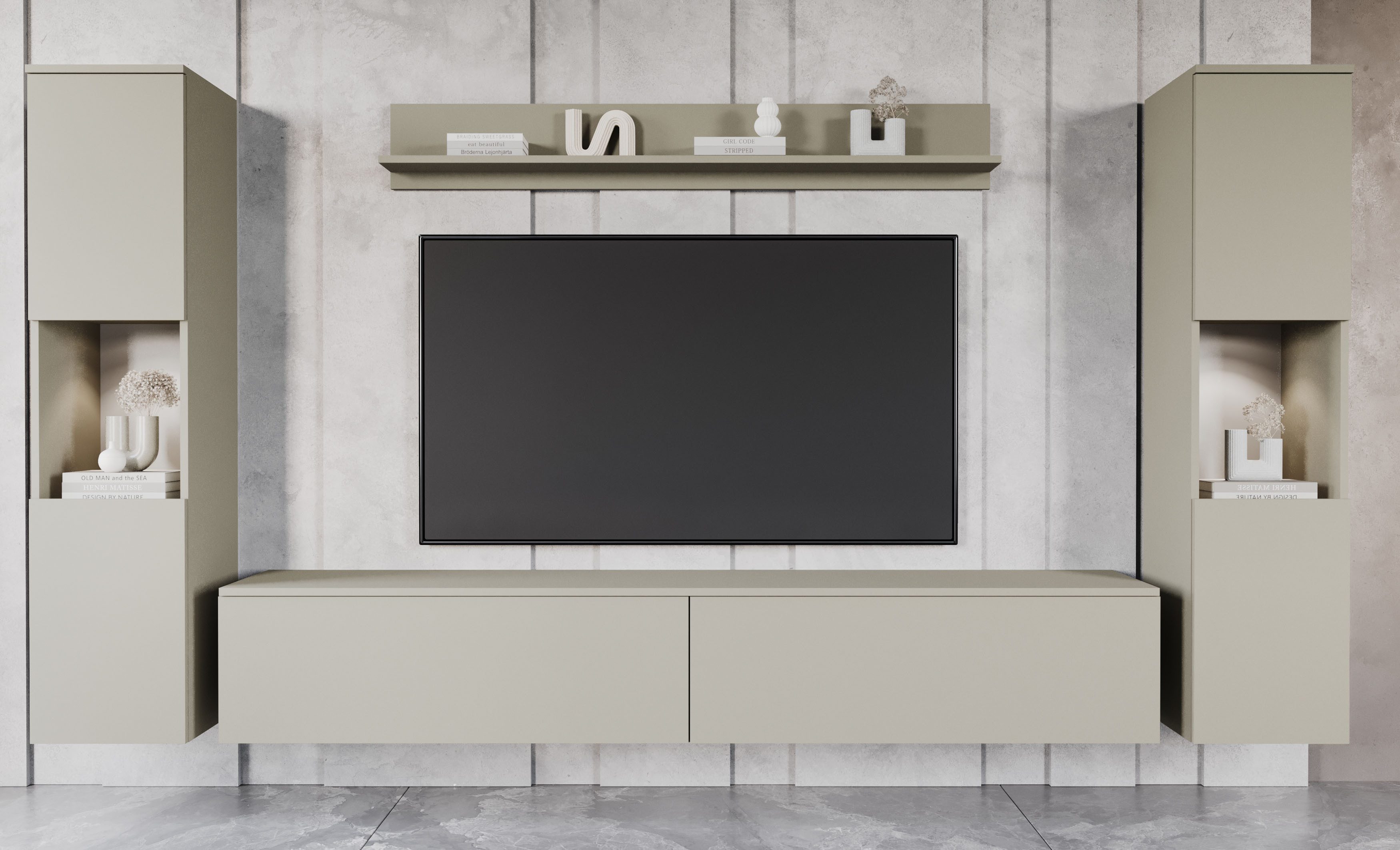OTTO home Wohnwand PARIS, Vitrine Türanschlag links/rechts wechselbar, (Komplett-Set, 4-St), grifflose Design, stehend und hängend montierbar