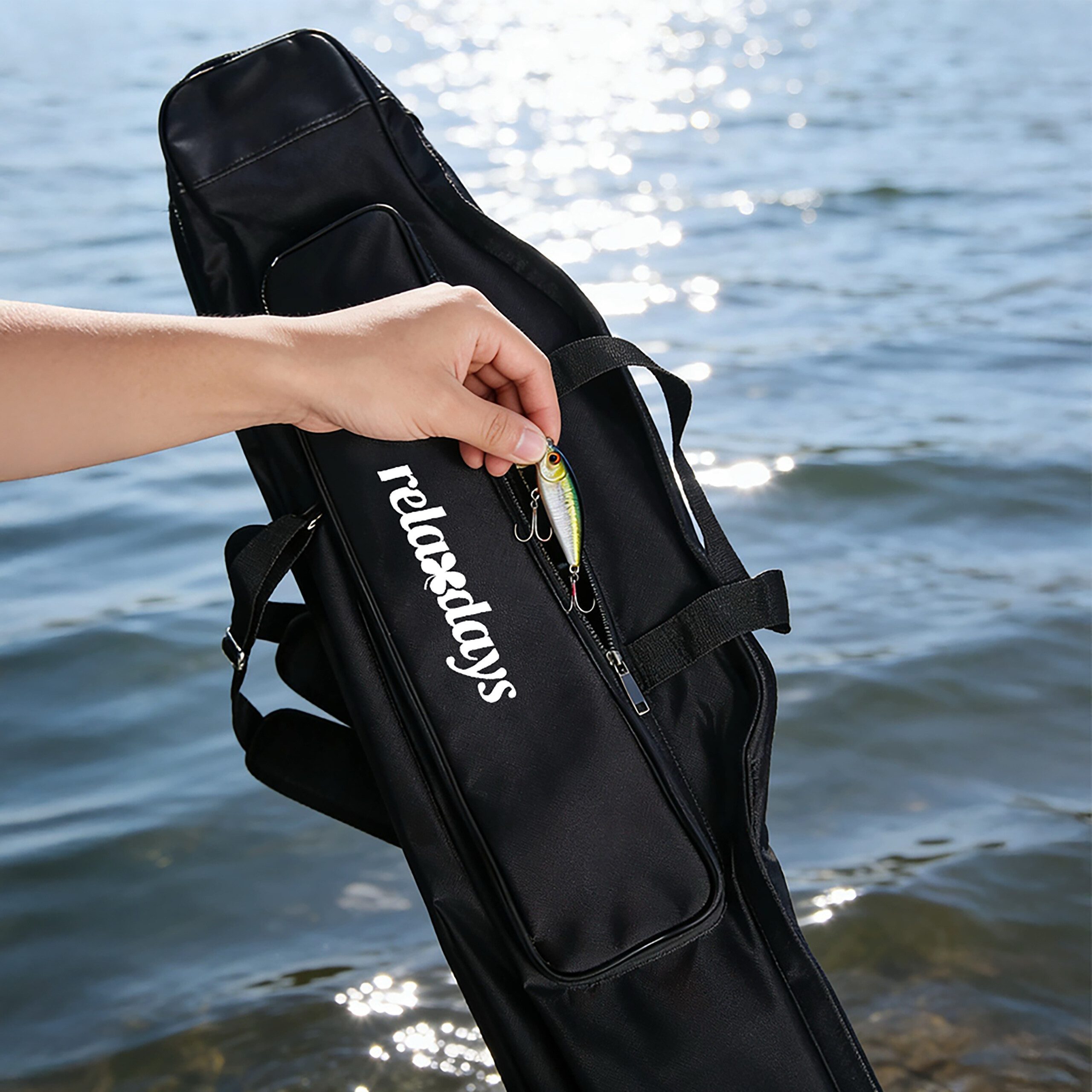 relaxdays Angelrutentasche Große Angeltasche Rutentasche 5 Fächer, schwarz, 130 cm