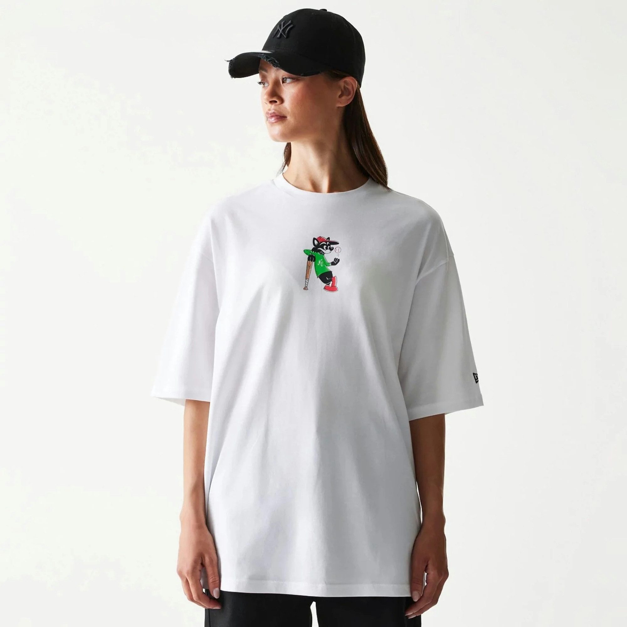 New Era T-Shirt Baseball Cat Character Graphic Oversized T-Shirt - White