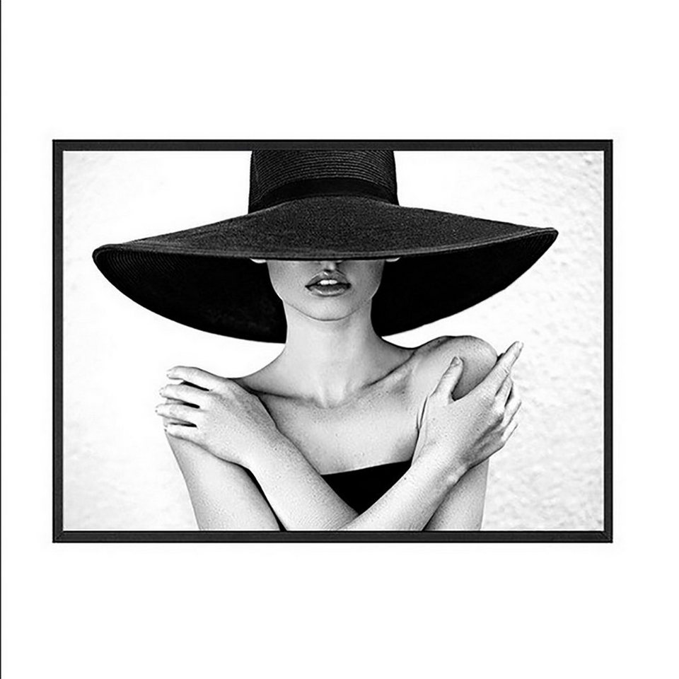 TPFLiving Kunstdruck (OHNE RAHMEN) Poster - Leinwand - Wandbild,  Impressionen Frau mit Hut - (Leinwand Wohnzimmer, Leinwand Bilder,  Kunstdruck), Farben: schwarz, weiß - Größe: 10x15cm