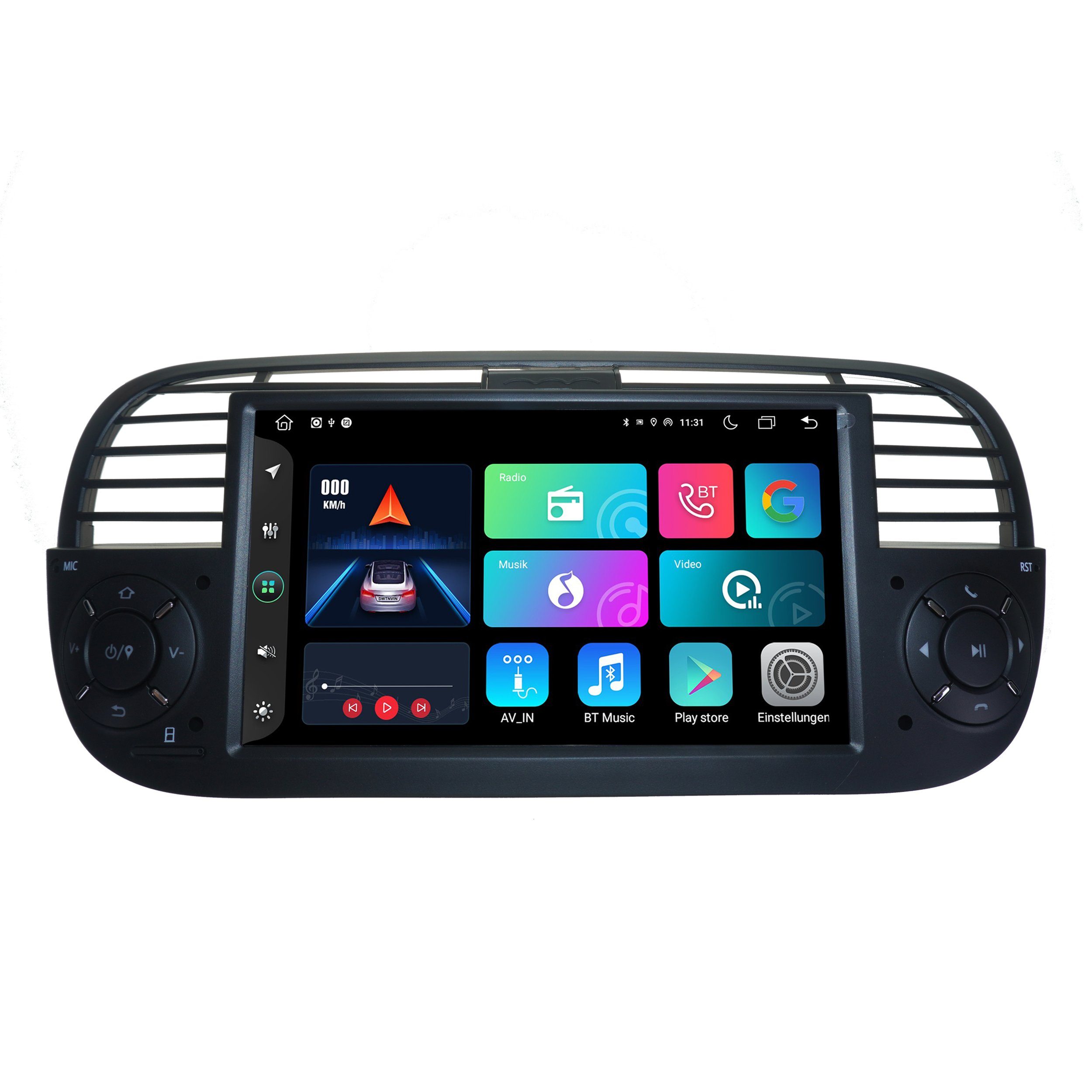 Für Fiat 500 (Schwarz) 7" Touchscreen Android Autoradio GPS CarPlay Einbau-Navigationsgerät